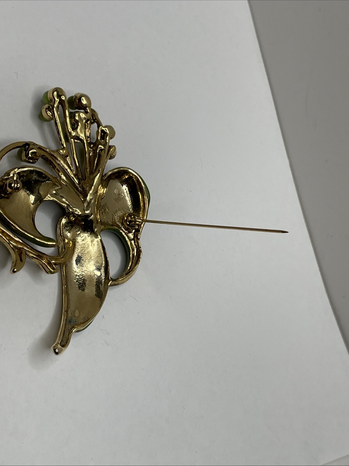 Vintage Green Enamel Floral Brooch Pin with Green Rhinestones and Cabochons RARE