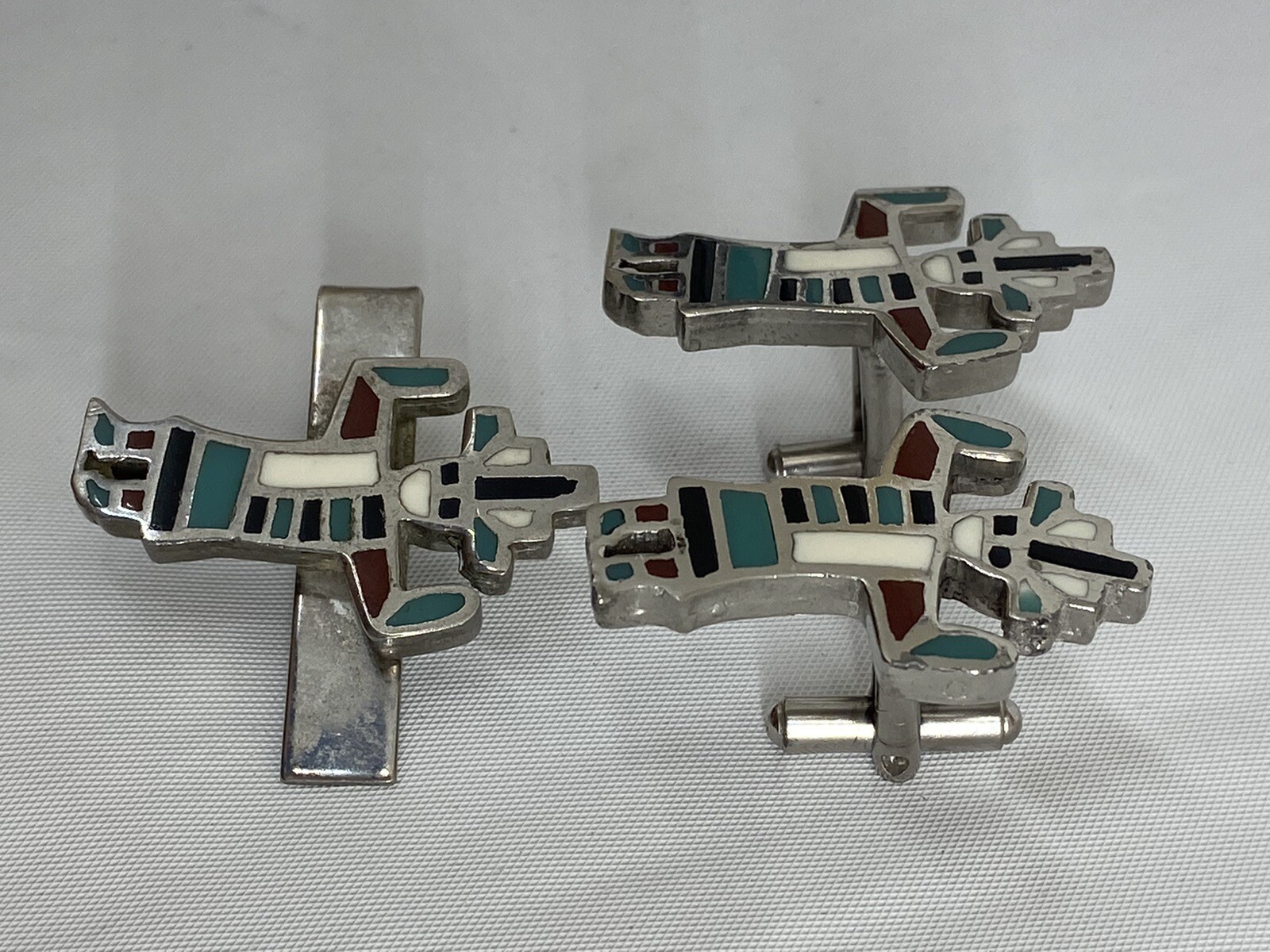 Vintage Zuni Kachina Dancer Cuff Links Tie Clip Inlaid Stones Silver Tone Set