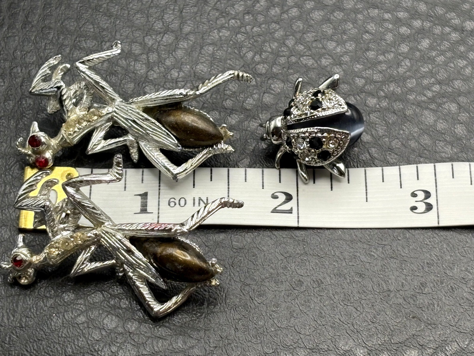 Vintage Lot Of 3 Insects 2 Praying Mantis 1 Beetle Brooch Enamel Crystal Bug Pin