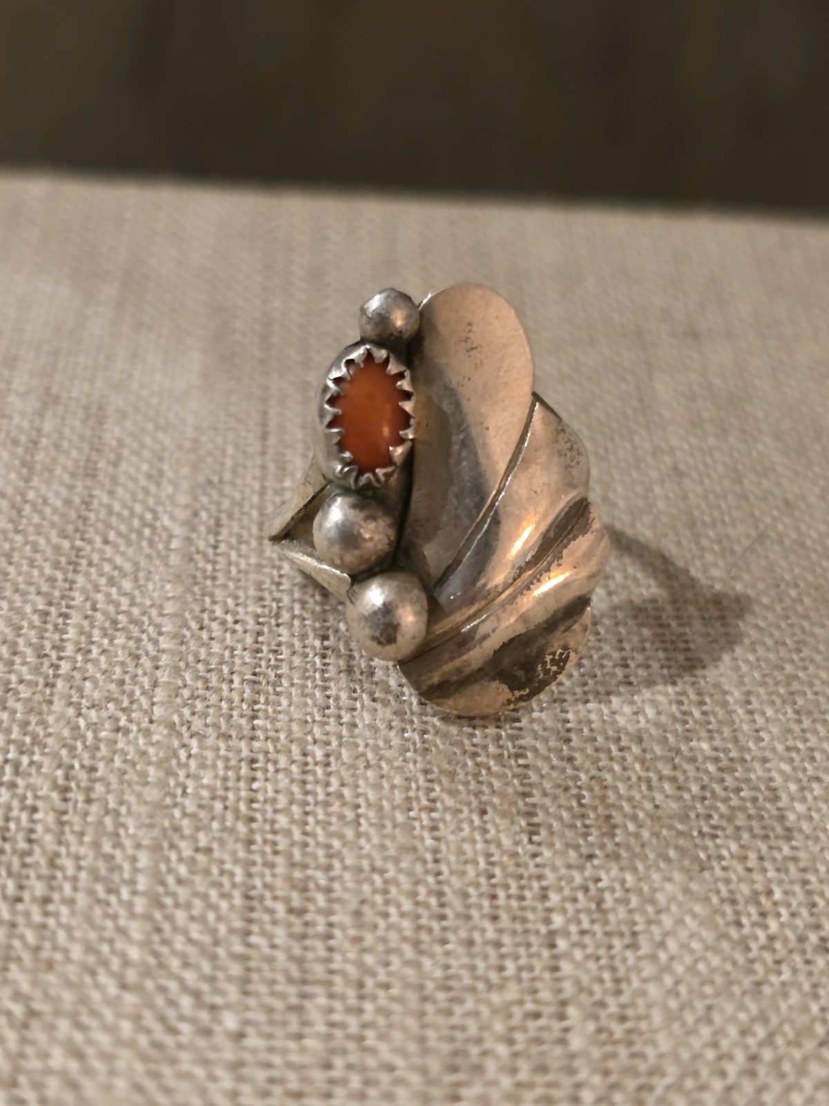 Vintage Sterling Handmade Native American Coral Stone Ring size 6 3/4