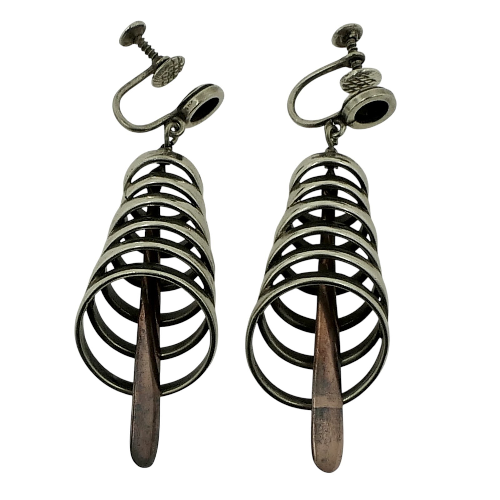 Los Castillo Sterling Copper Dangle Earrings #122 Taxco Mexico Modernist 2 1/4″