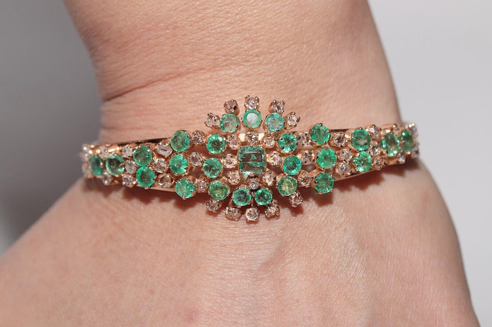 Antique Circa 1900s 14k Gold Natural Rose Cut Diamond And Emerald Bracelet