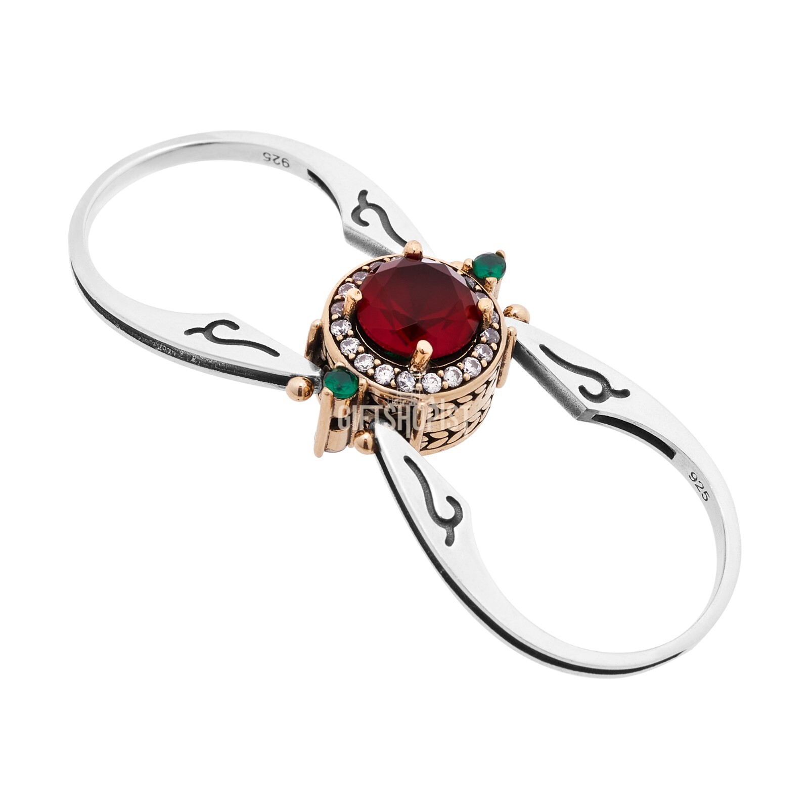 Turkish Reversible Round Emerald and Ruby Topaz 925 Sterling Silver Ring