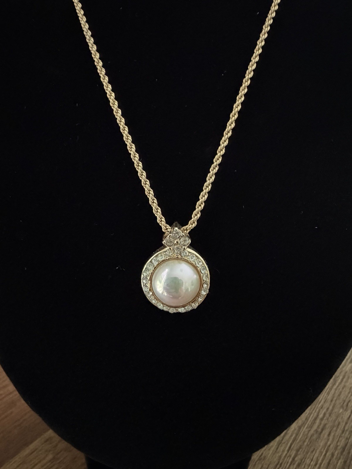 Vintage Christian Dior Triple Gold Plated Faux Pearl Pendant Necklace