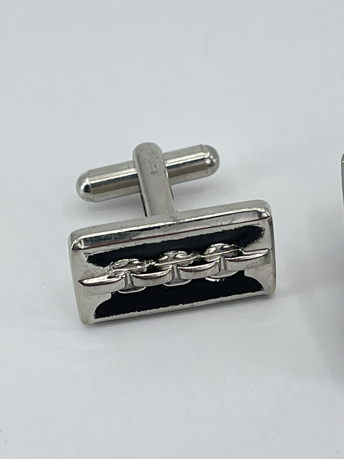 vintage silver tone cufflinks and tie clip set zipper like with black enamel