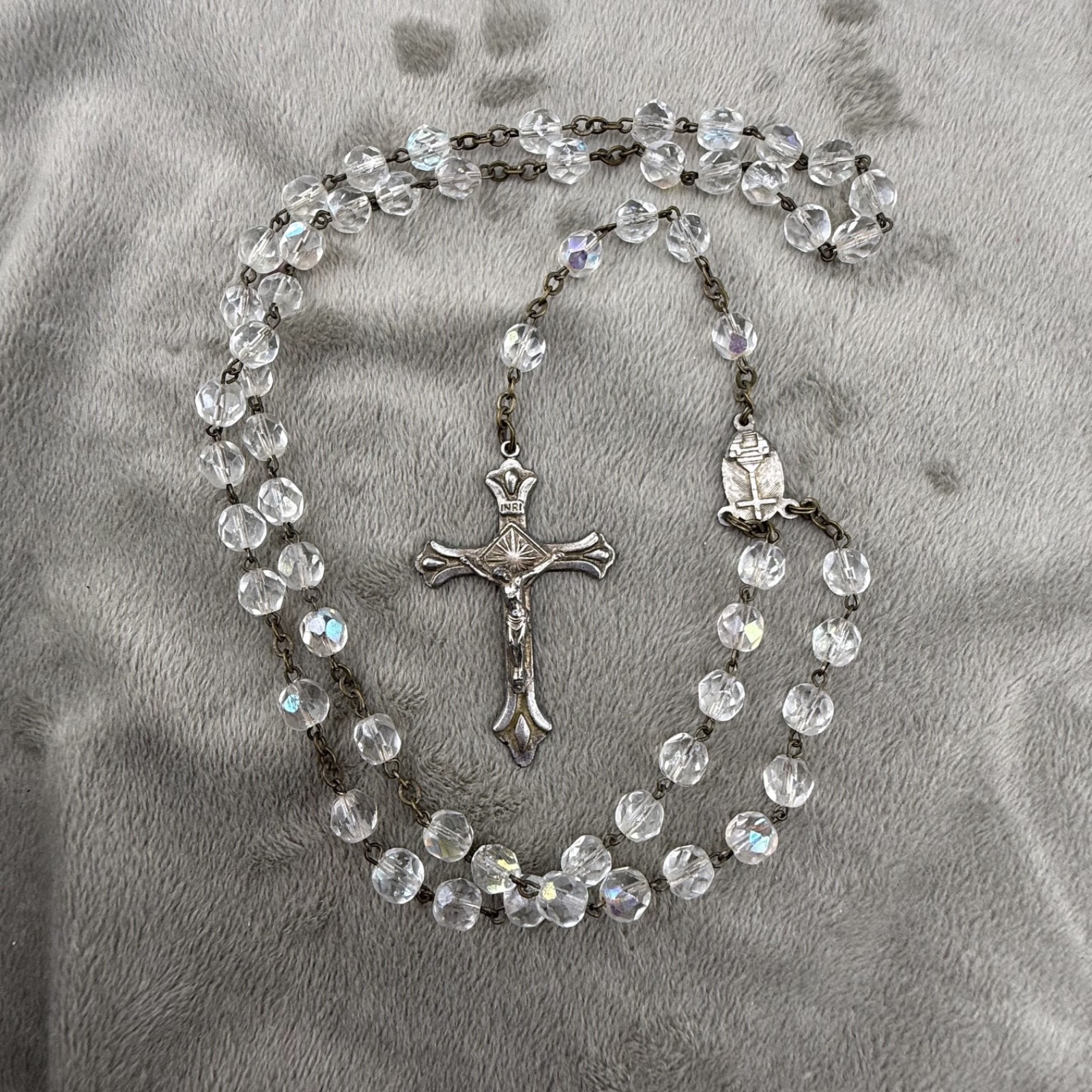 Vintage Rosary Necklace Clear Faceted Glass Silver Tone 28”