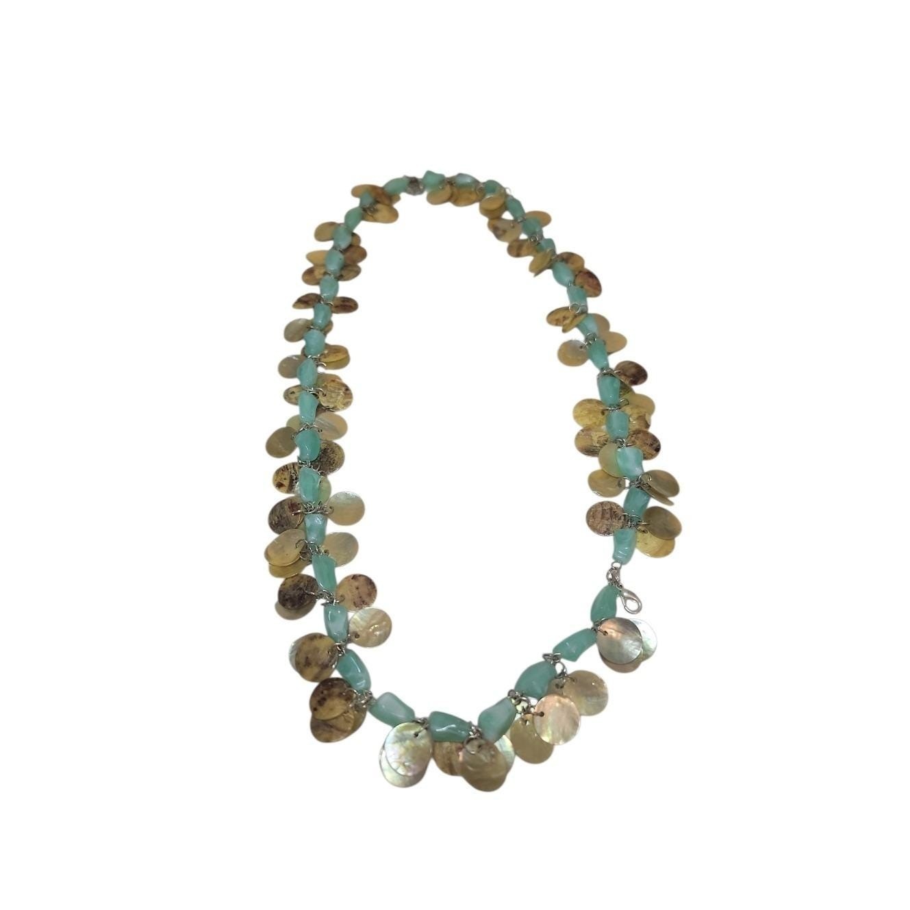Vintage Aqua Lucite Shell Disc Necklace Coastal Beach Boho Pull Over 28