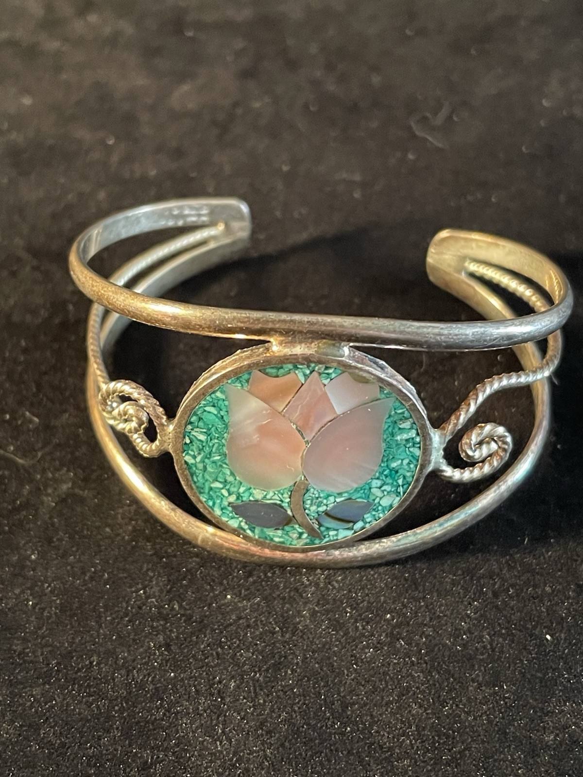 Vintage Alpaca Mexico Silver-Tone Mixed Metal Turquoise Small Cuff Bracelet