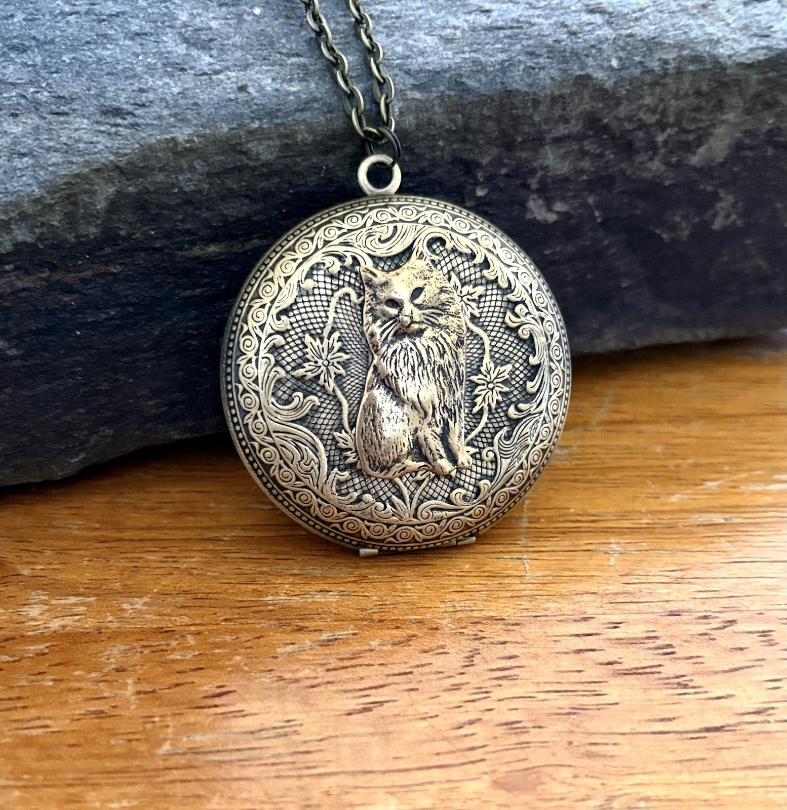 X-Lrg Cat Locket Necklace, Antiqued Brass, Art Nouveau Photos Memorial Pendant