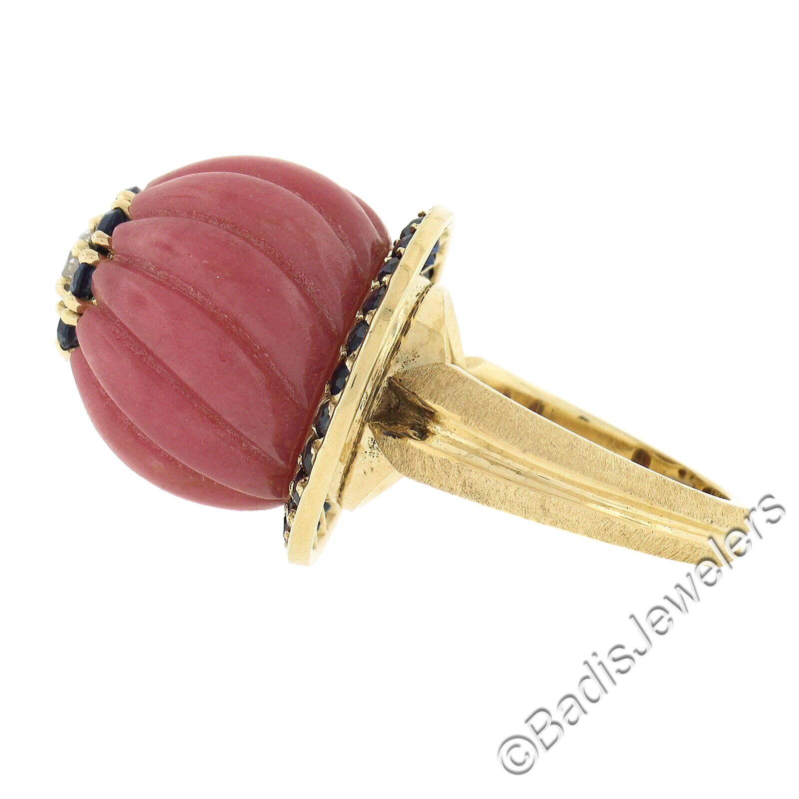 Gold Carved Rose Quartz 1.52ctw Sapphire & Diamond Flower High Profile Ring