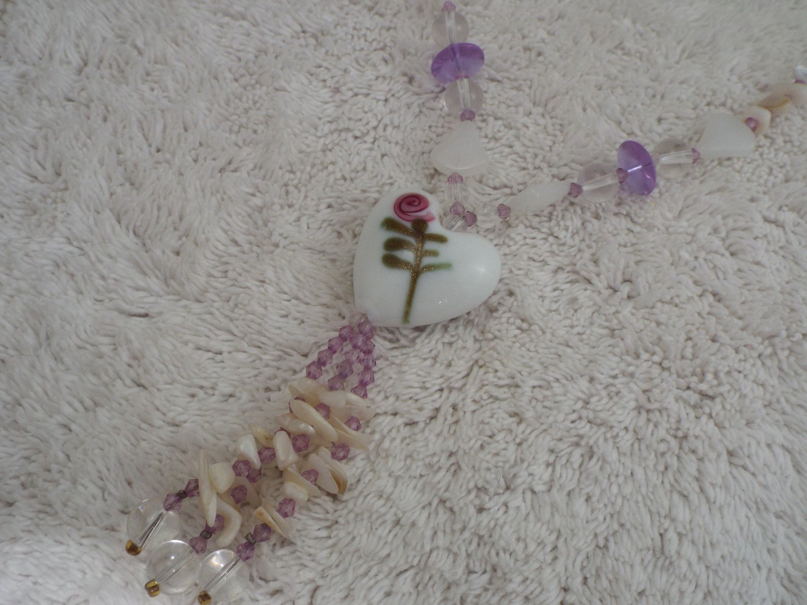 Pink Green White Flower Ceramic Heart Purple Glass Bead Necklace (C51)
