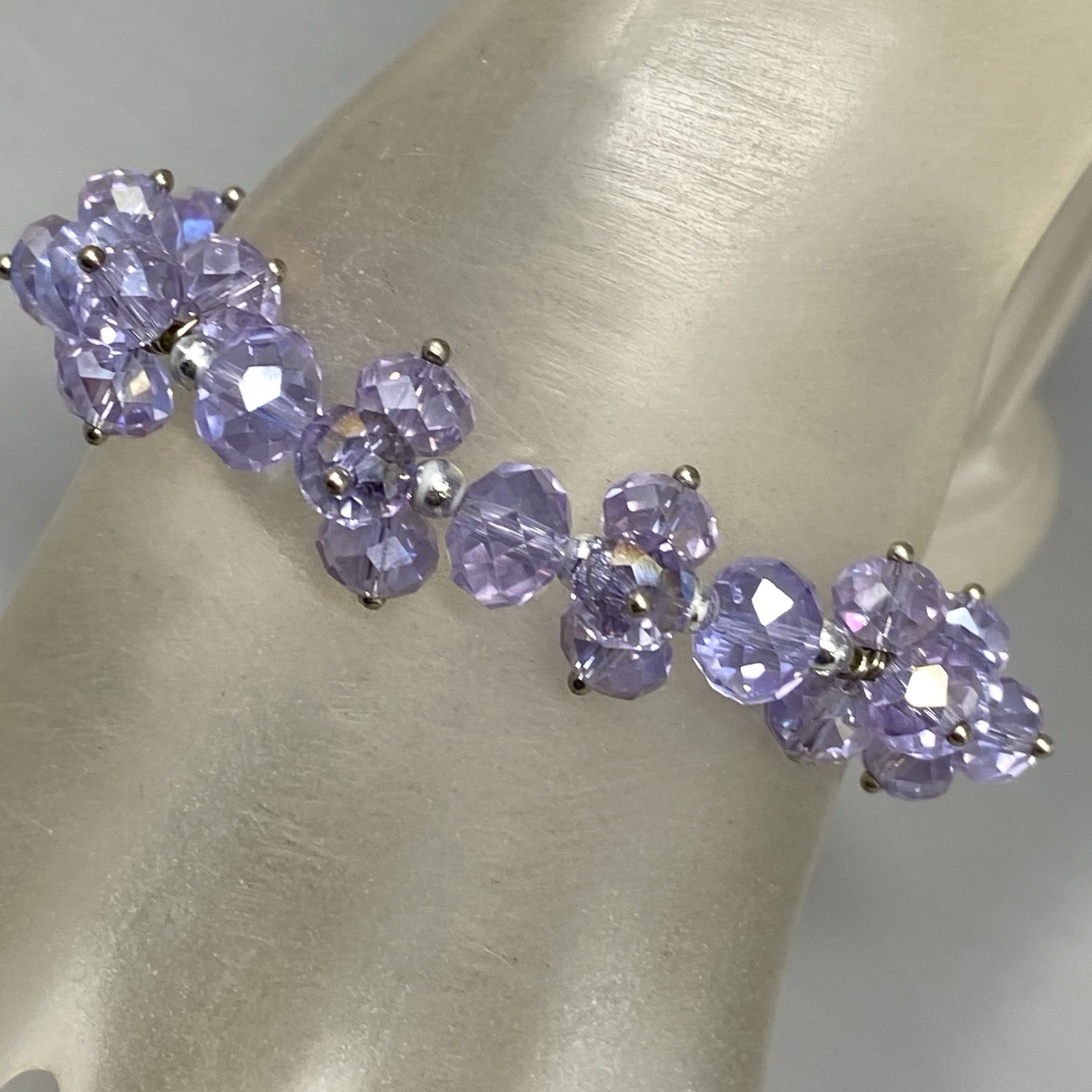 Purple Glass Bead Cluster Bracelet Stretch Fire Polished AB Coated Retro 6.75″
