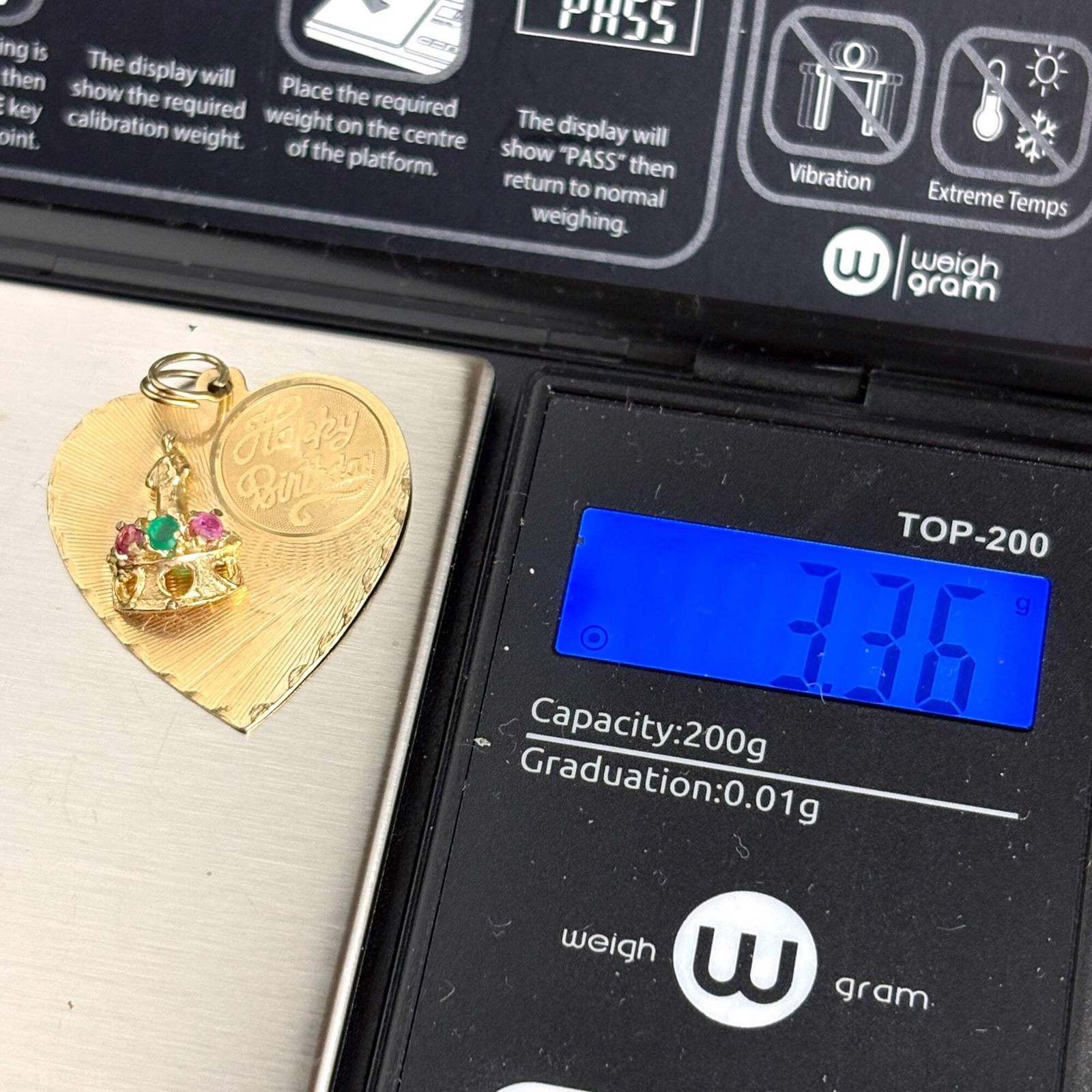 1960s 14K Happy Birthday heart charm – pink and green stones – 3.37 gms
