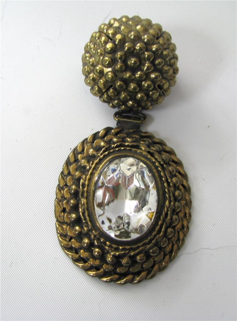 Vintage Italy Textured Doorknocker Brooch Pin Large Rhinestone Gold tone