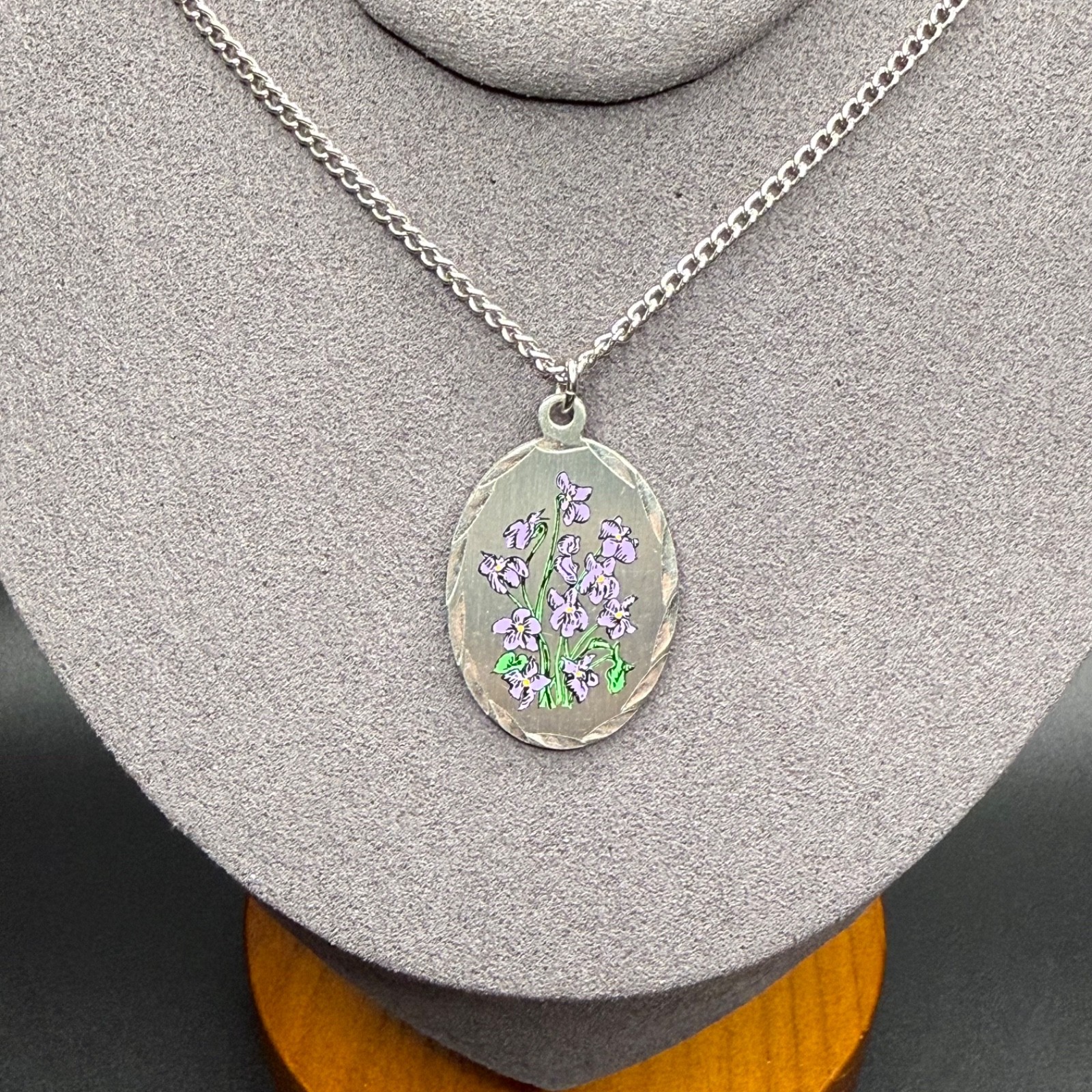 Vintage Genuine Pewter Hand Painted Violets Purple Floral Spray Pendant Necklace