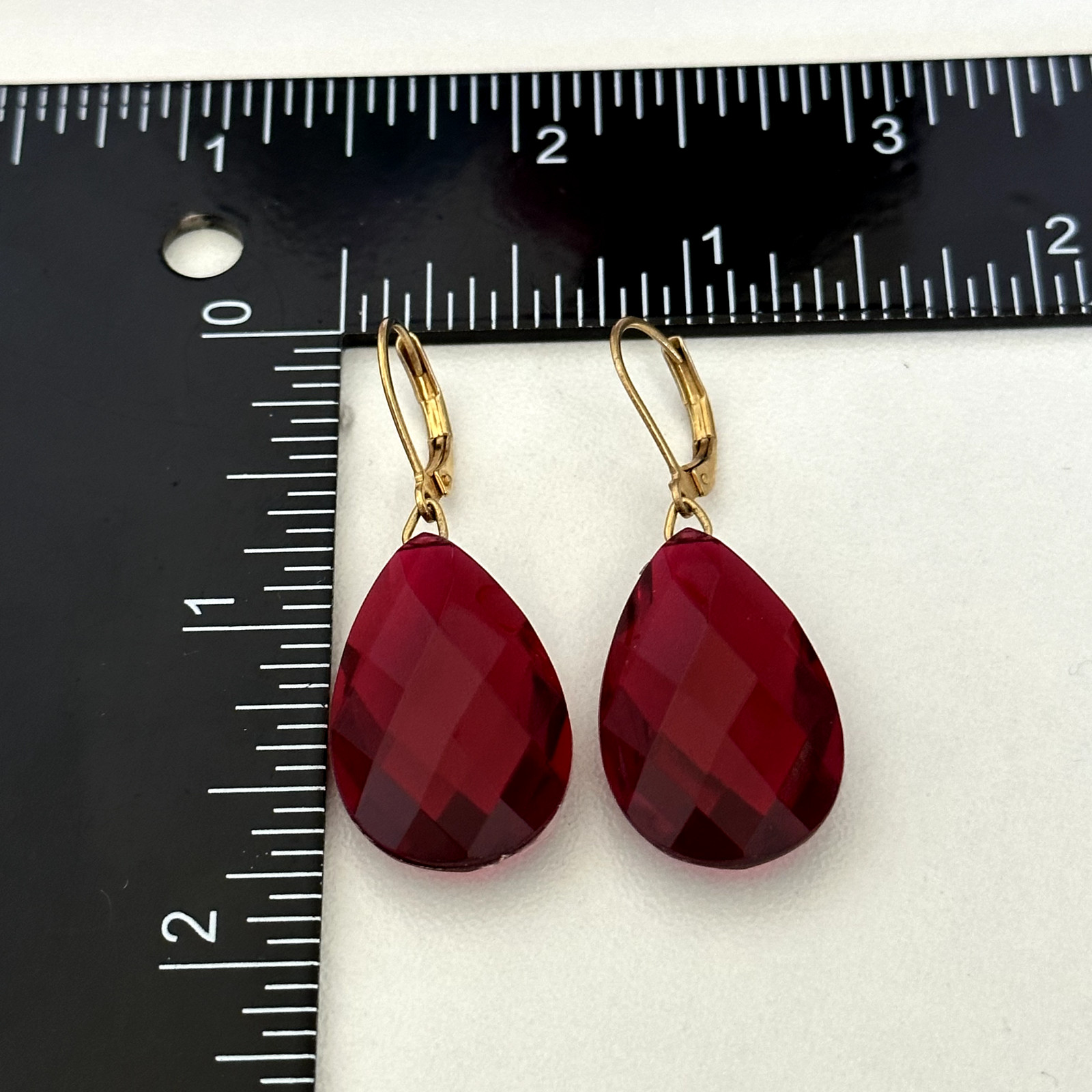 Vintage Joan Rivers Red Acrylic Faceted Crystal Gold Tone Leverback Earrings