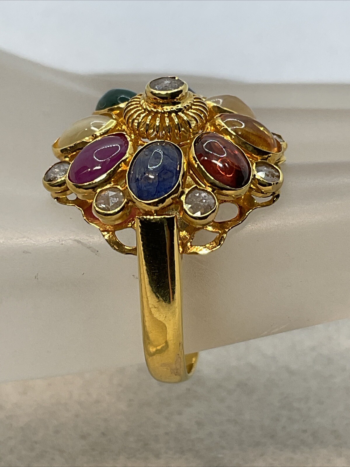 VINTAGE HANDMADE Solid 18K (750) Multicolor Gemstones & Rose Cut Diamonds Ring