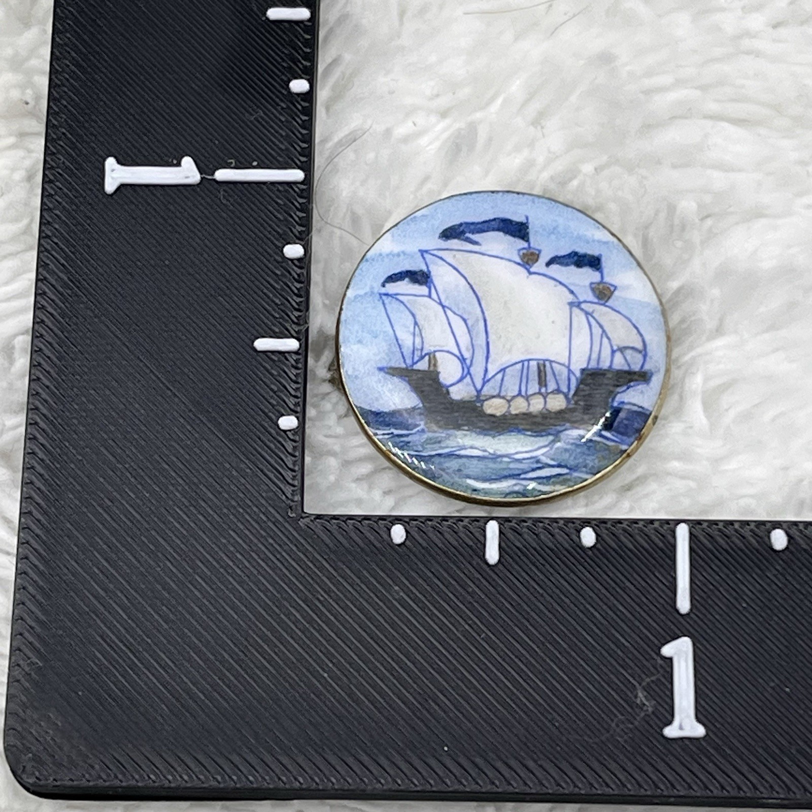 Vintage Sailing Ship Brooch Blue White Enamel Nautical Schooner Pin 1″