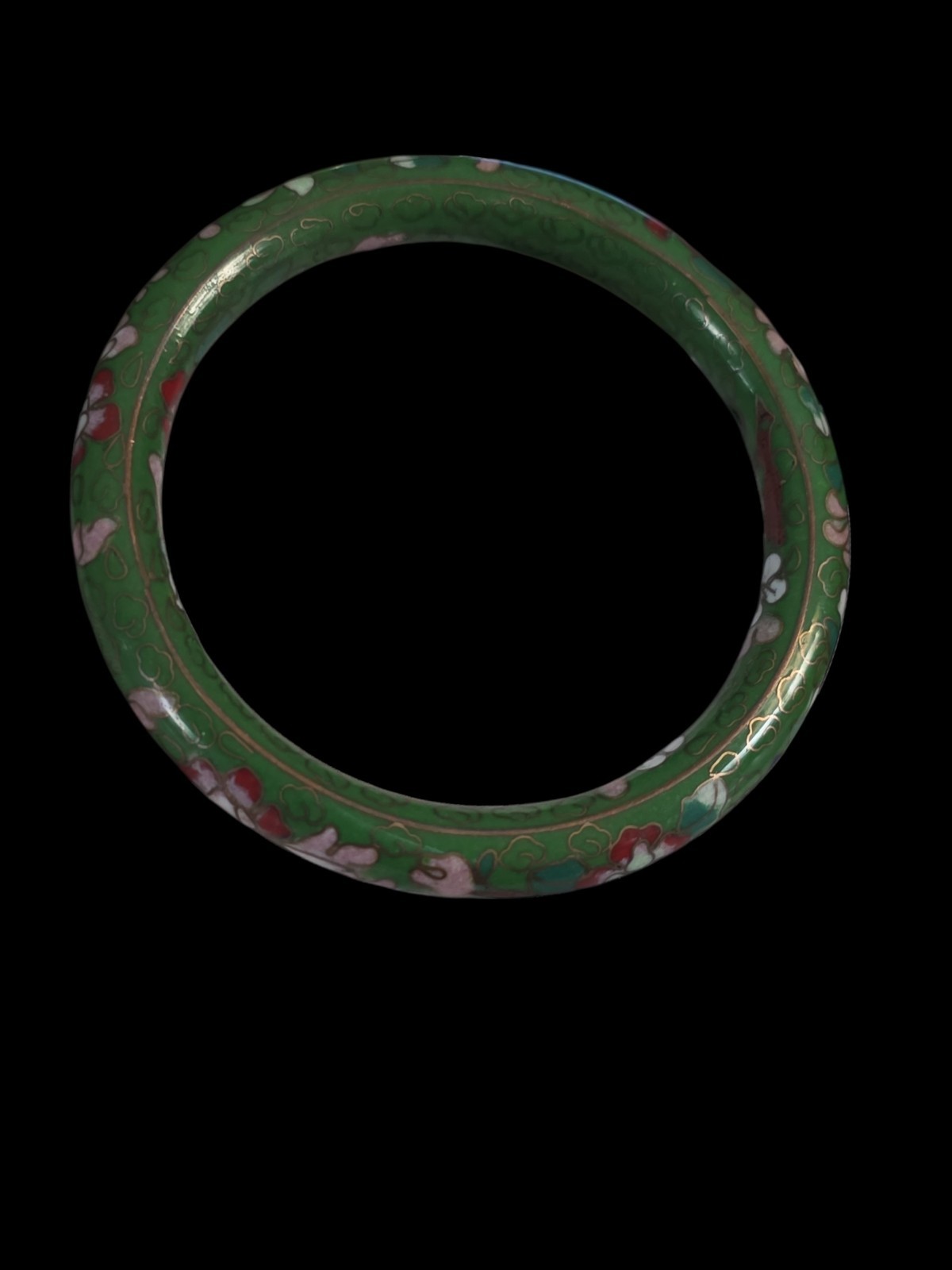 Vintage Cloisonne Green Floral Bangle Bracelet 7 1/4 In