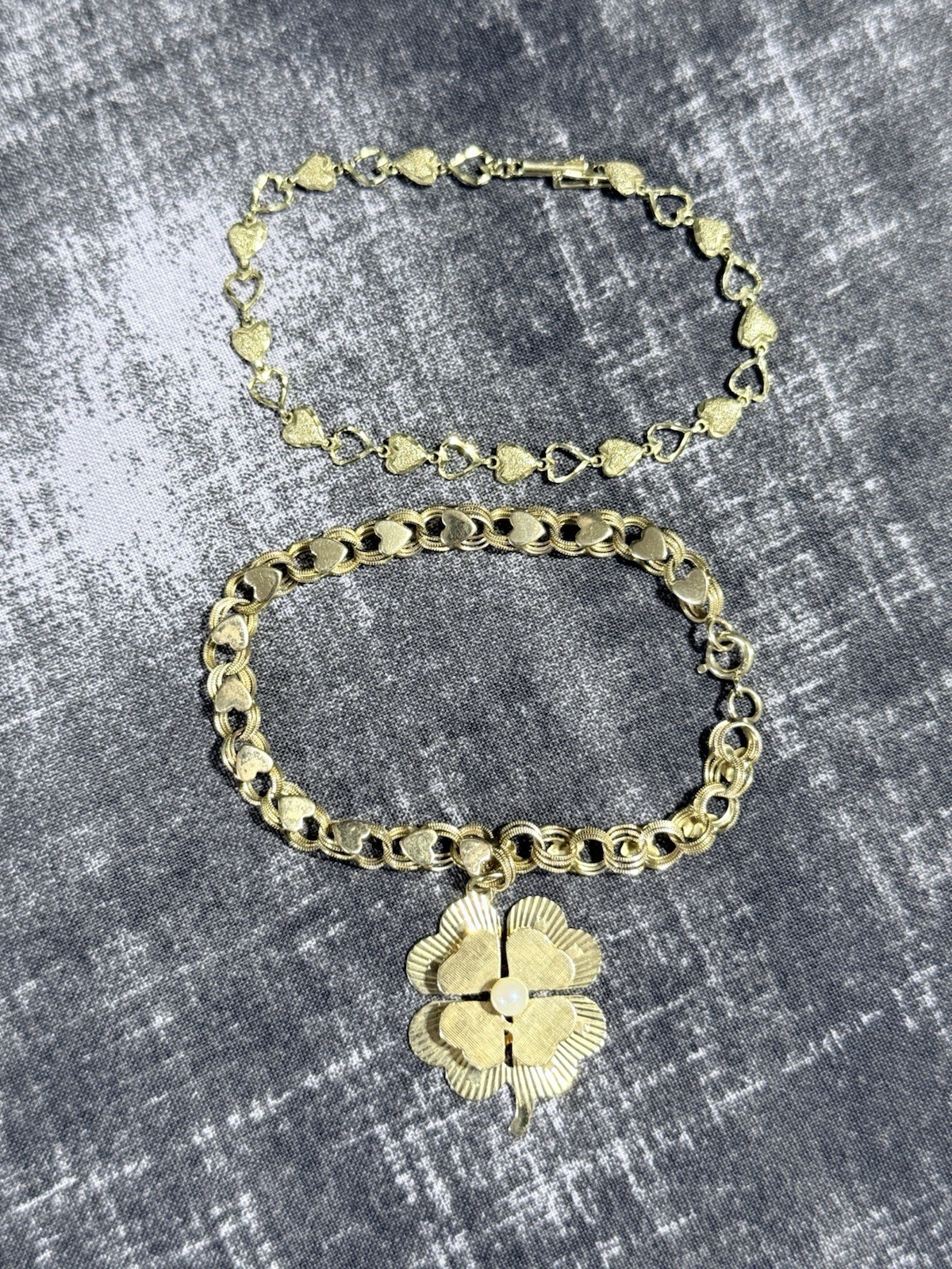 VINTAGE 14K GOLD LOT OF 2 HEART LINK BRACELETS 14.7 GRAMS WEARABLE BOTH MARKED