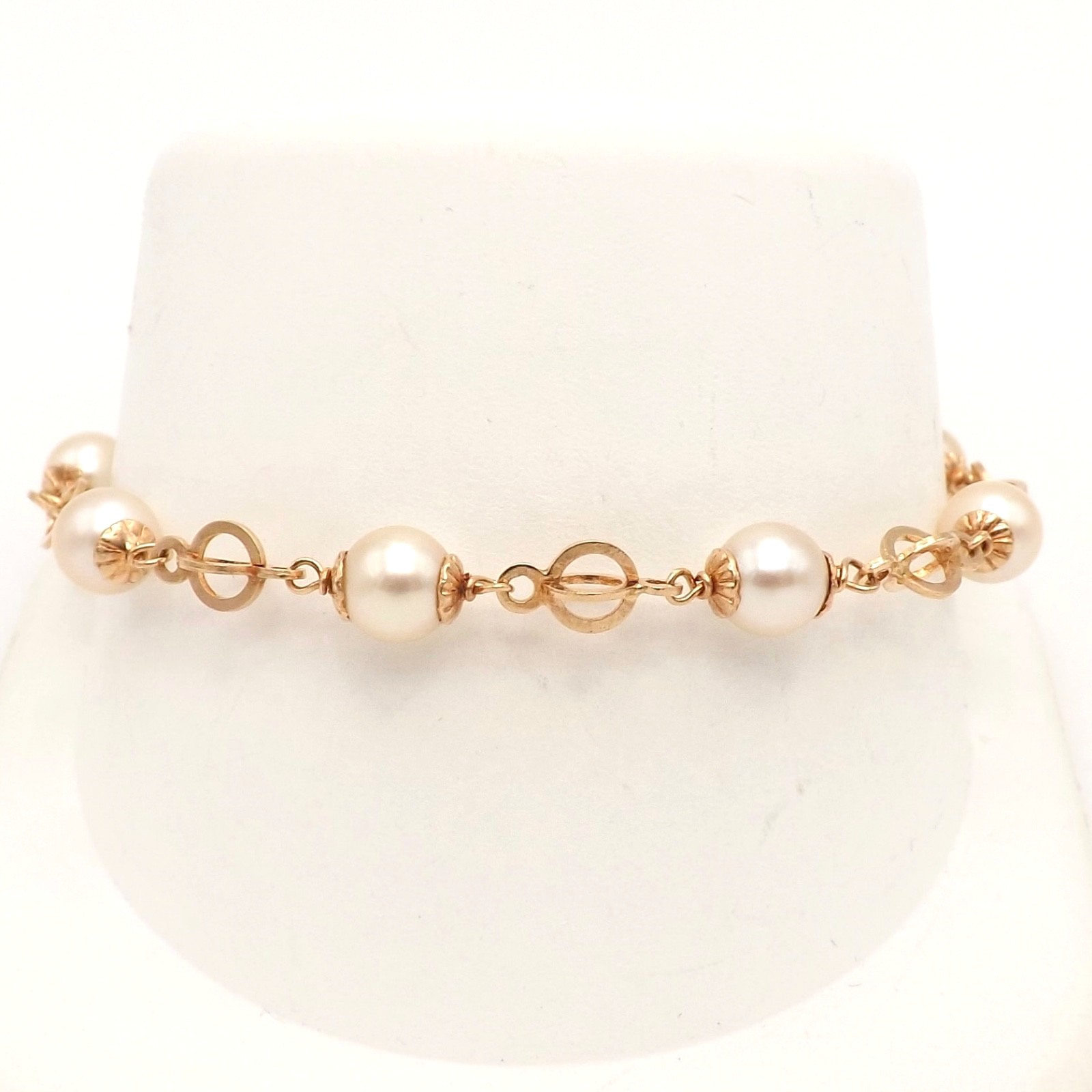 Solid 18k Gold Akoya Pearl Stations Circles Link Bracelet Vintage 750 Italy 7.5″