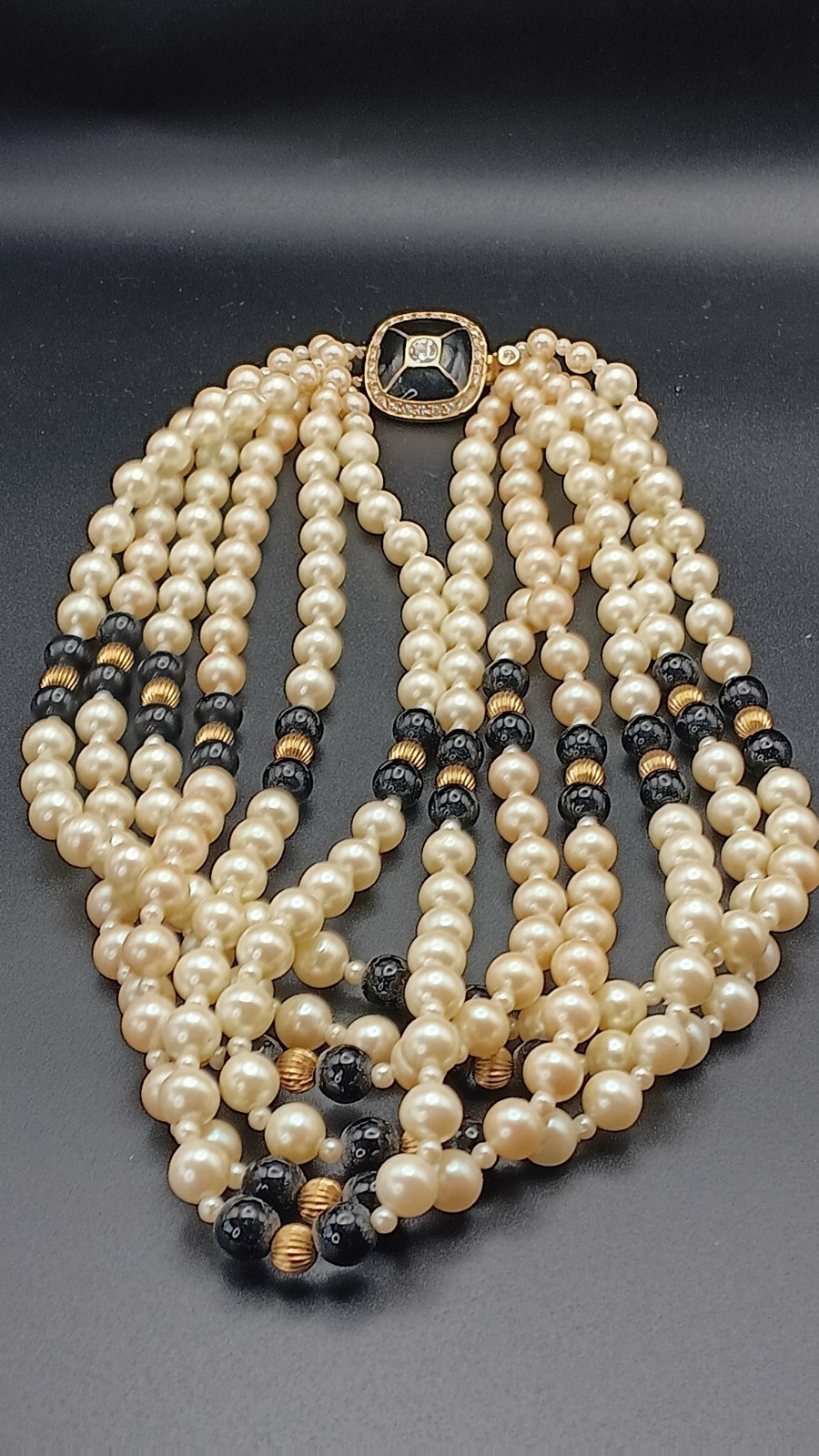 ​Vintage Gay Boyer 6-Strand Faux Pearl Necklace Black Gold Beads Ornate Clasp