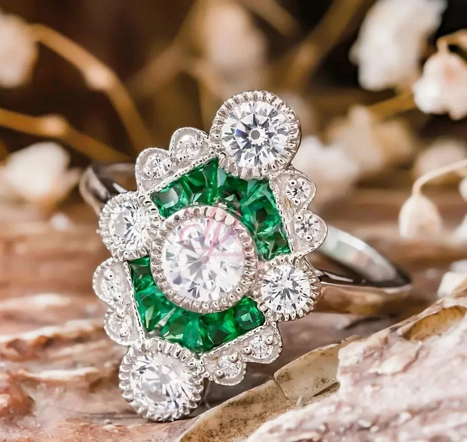 3.2Ct Art Deco Style Round Lab Created Diamond Emerald 925 Silver Wedding Ring