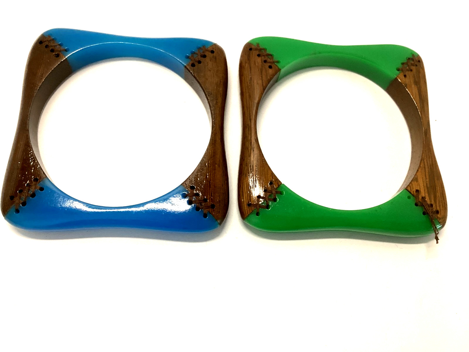Vintage Lucite and Wood Chunky Bangle Bracelet Lot of 2 Unsigned