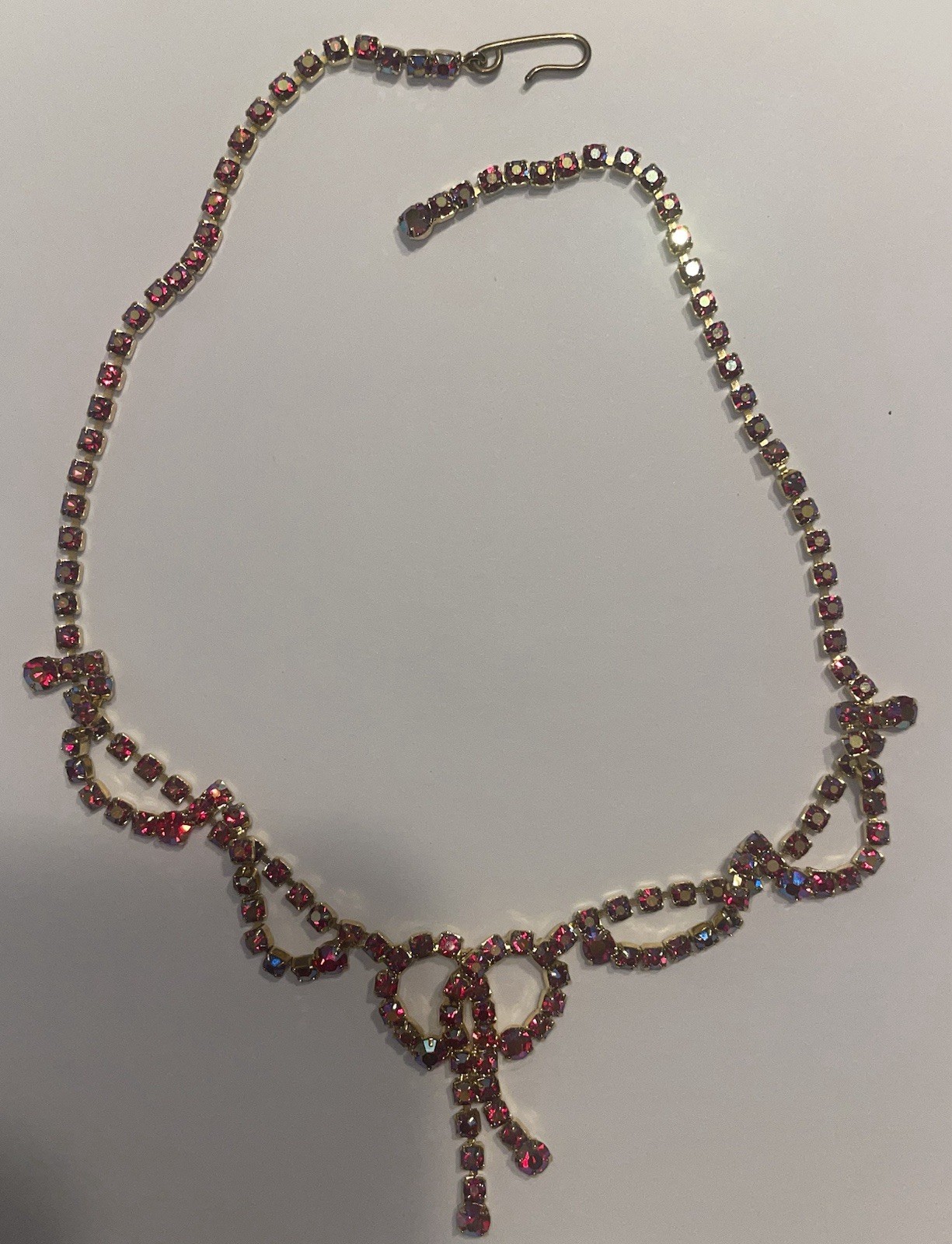Vintage Red AB Rhinestone Necklace Mid Century Gold Tone Statement Piece Bow