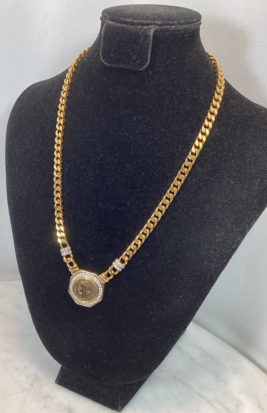 Vintage Gold Tone Roman Coin Rhinestone Pendant Curb Link Chain Necklace
