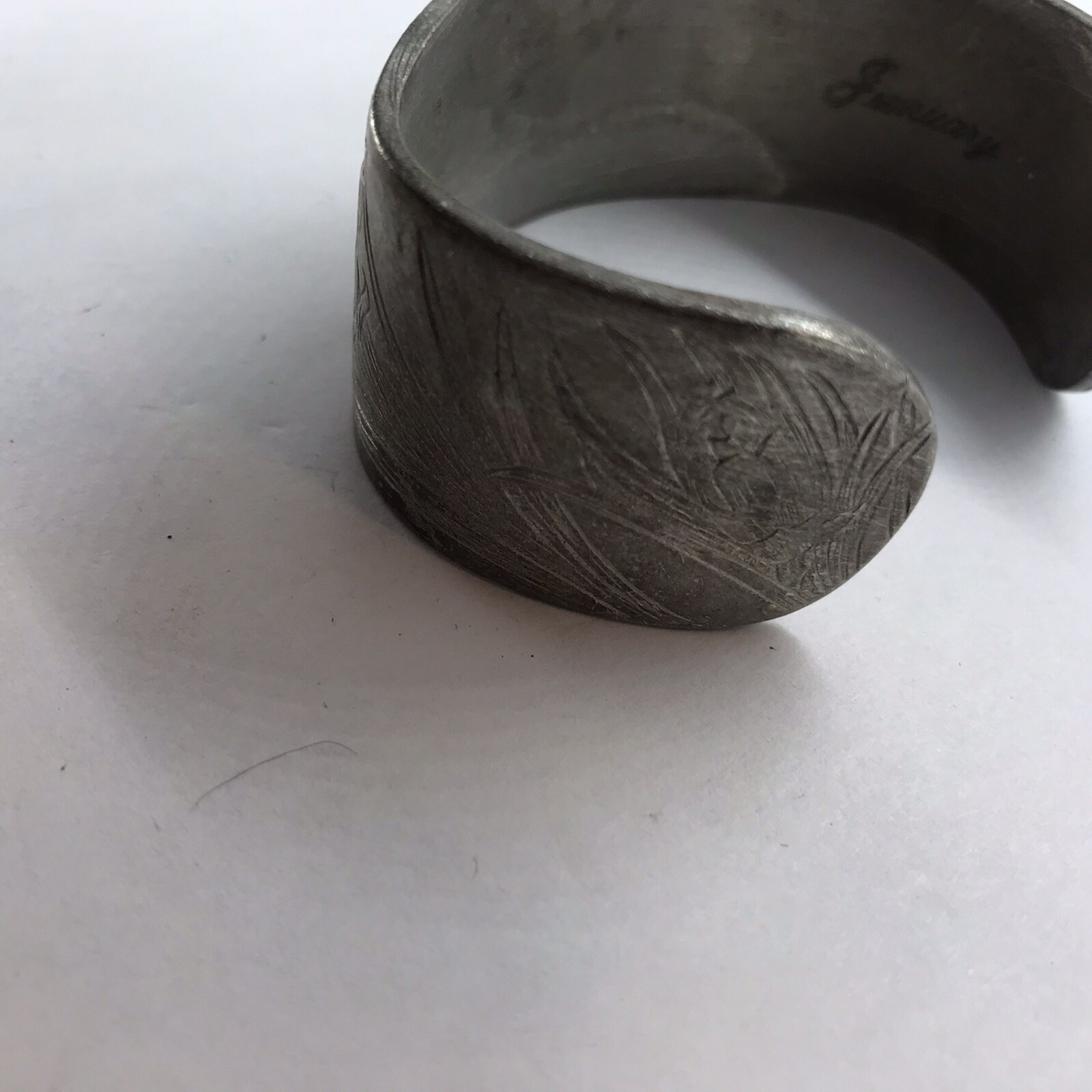 Vintage Cuff Bracelet Salisbury Pewter January Flower Birth Month Etched Metal