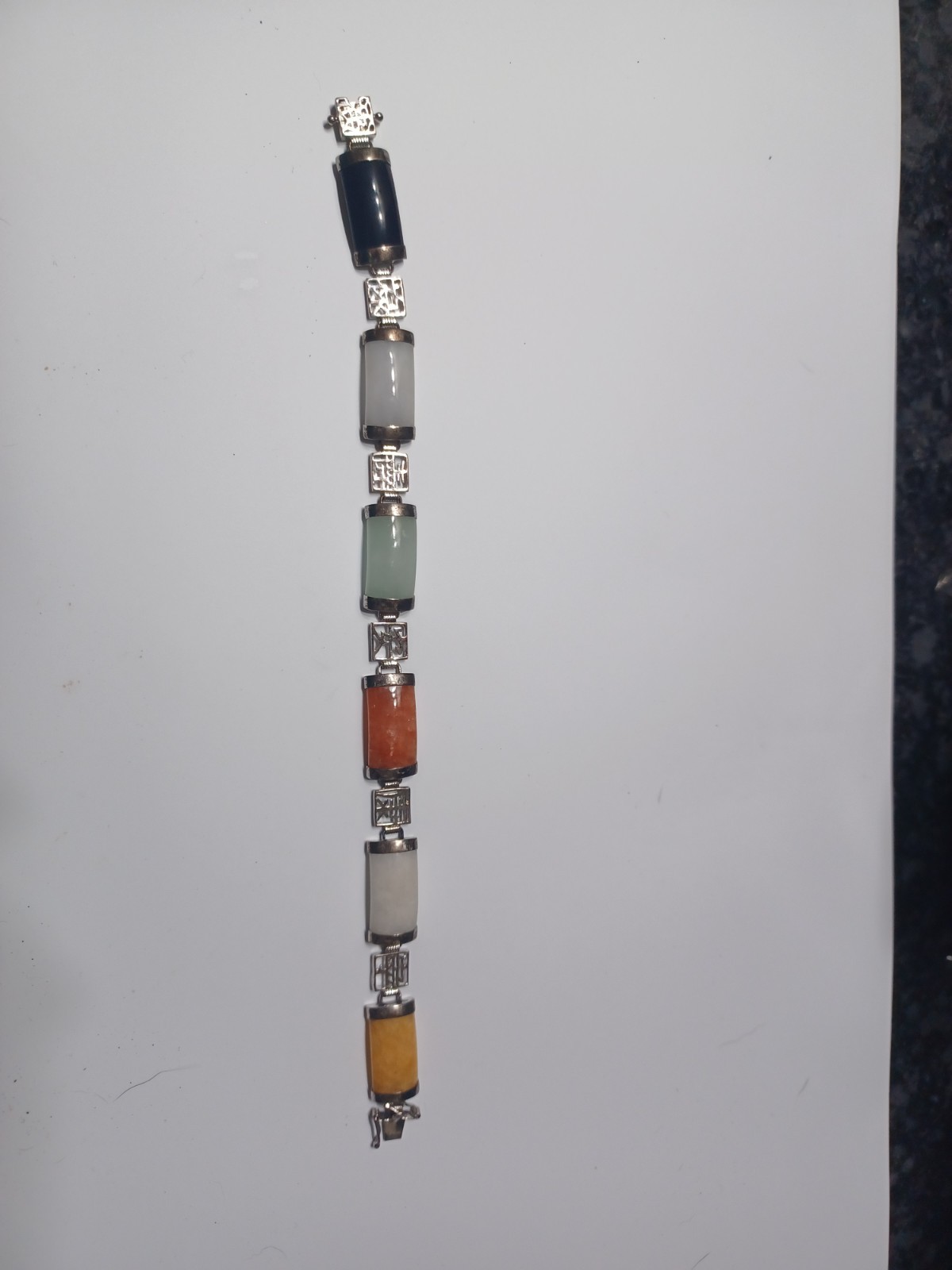 VINTAGE DBJ STERLING SILVER & JADE GEMSTONES BRACELET CHINESE MOTI