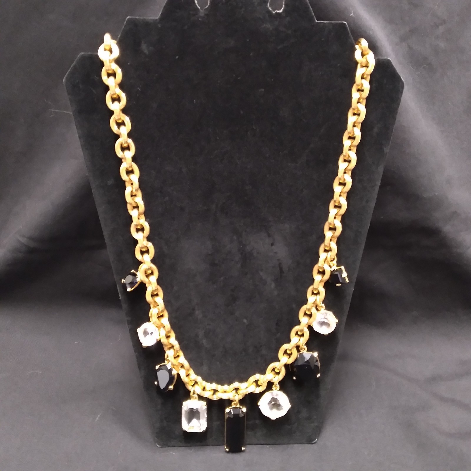 Monet Gold Tone Chunky Necklace with Clear and Black Crystal Charms