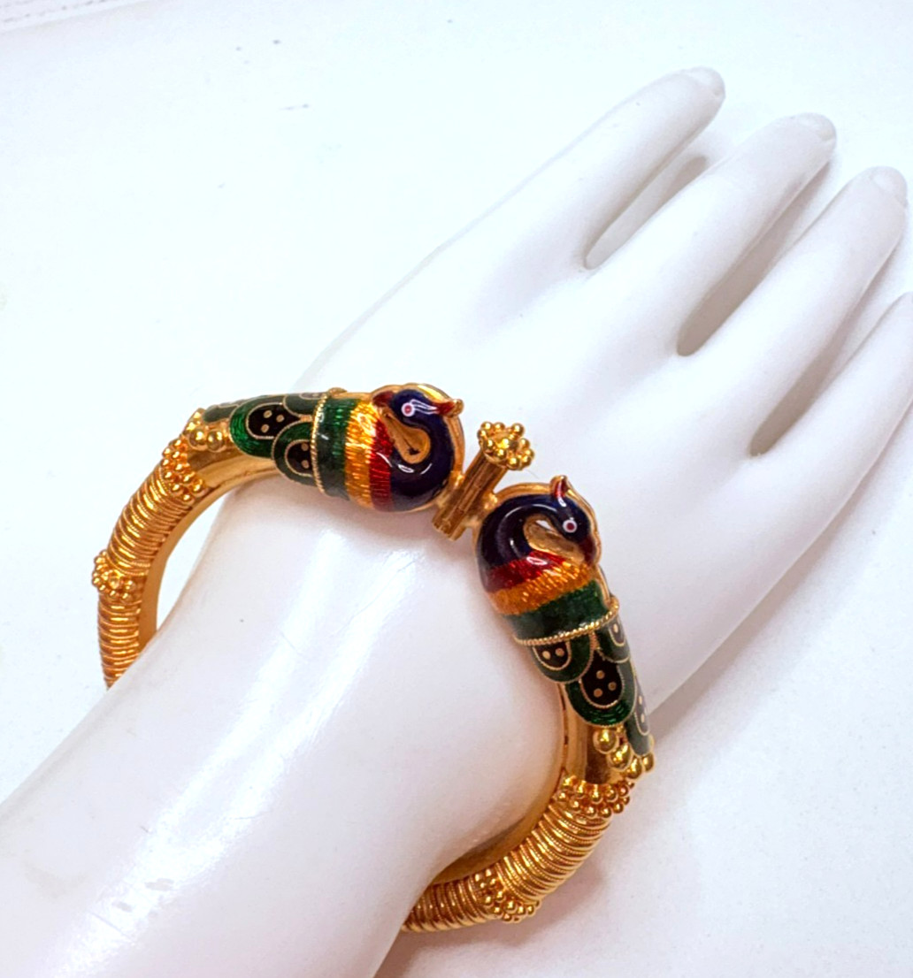 Antique 22k Yellow Gold Red Green Enamel Peacock Bangle Bracelet
