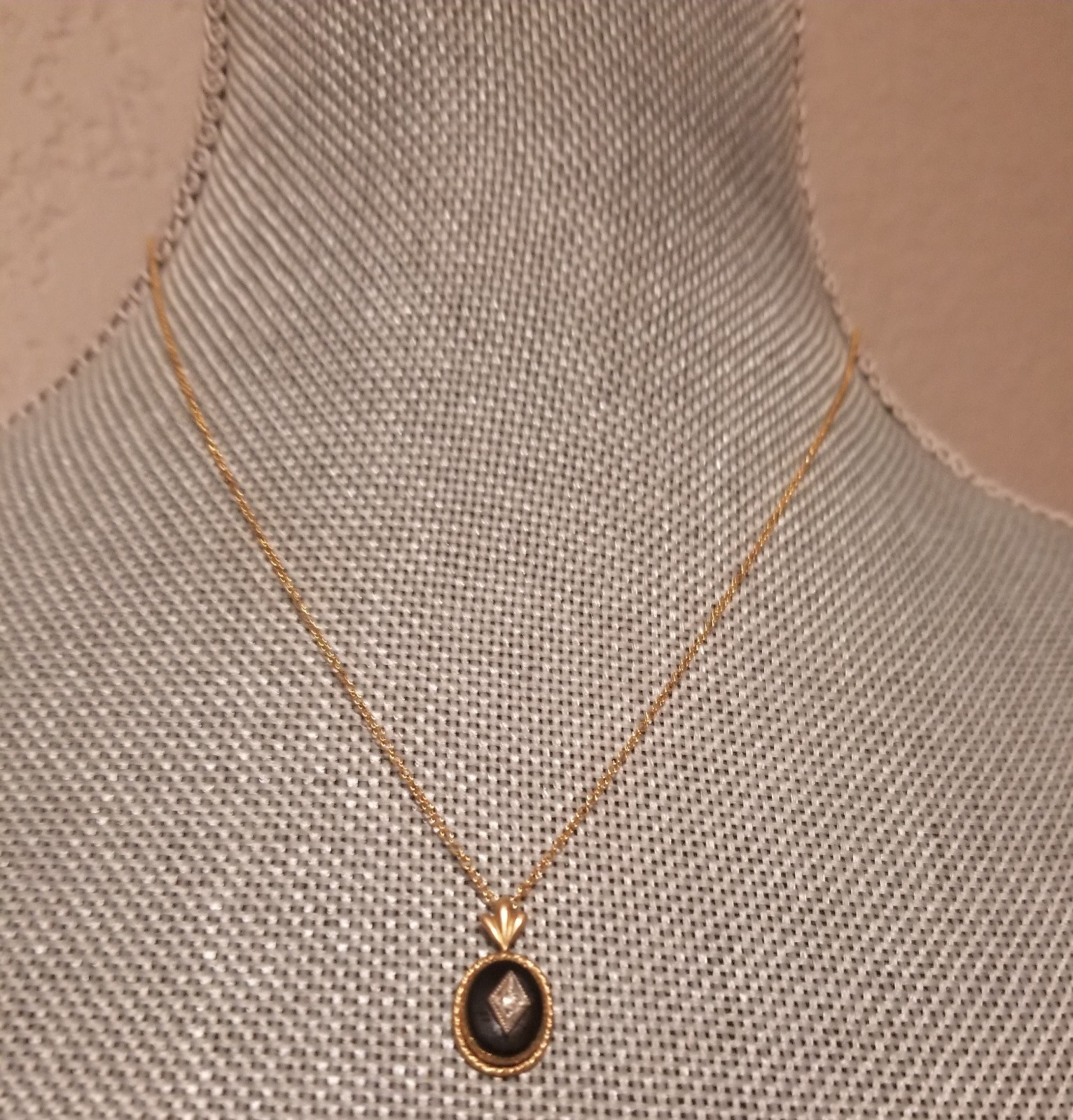 Antique Victorian Onyx And Diamond? Mourning 14k Gold Filled Pendant Necklace