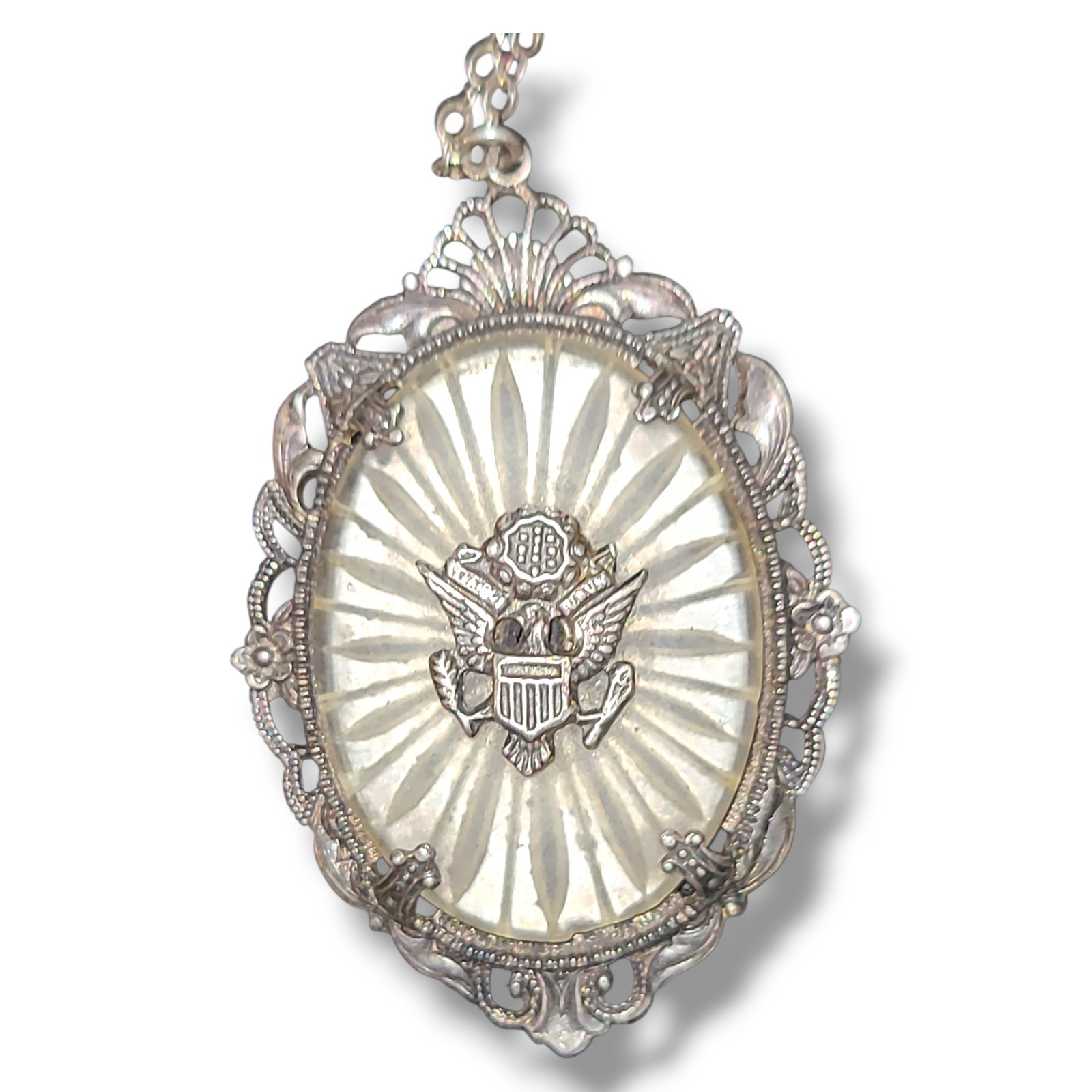 Vintage Sterling Silver Camphor Glass Eagle Pendant Necklace Art Deco 16in
