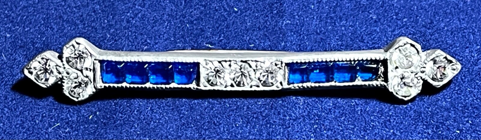 ANTIQUE SILVERITE HWF & SON BAR PIN WITH CLEAR RHINESTONES & SAPPHIRE BLUE GLASS