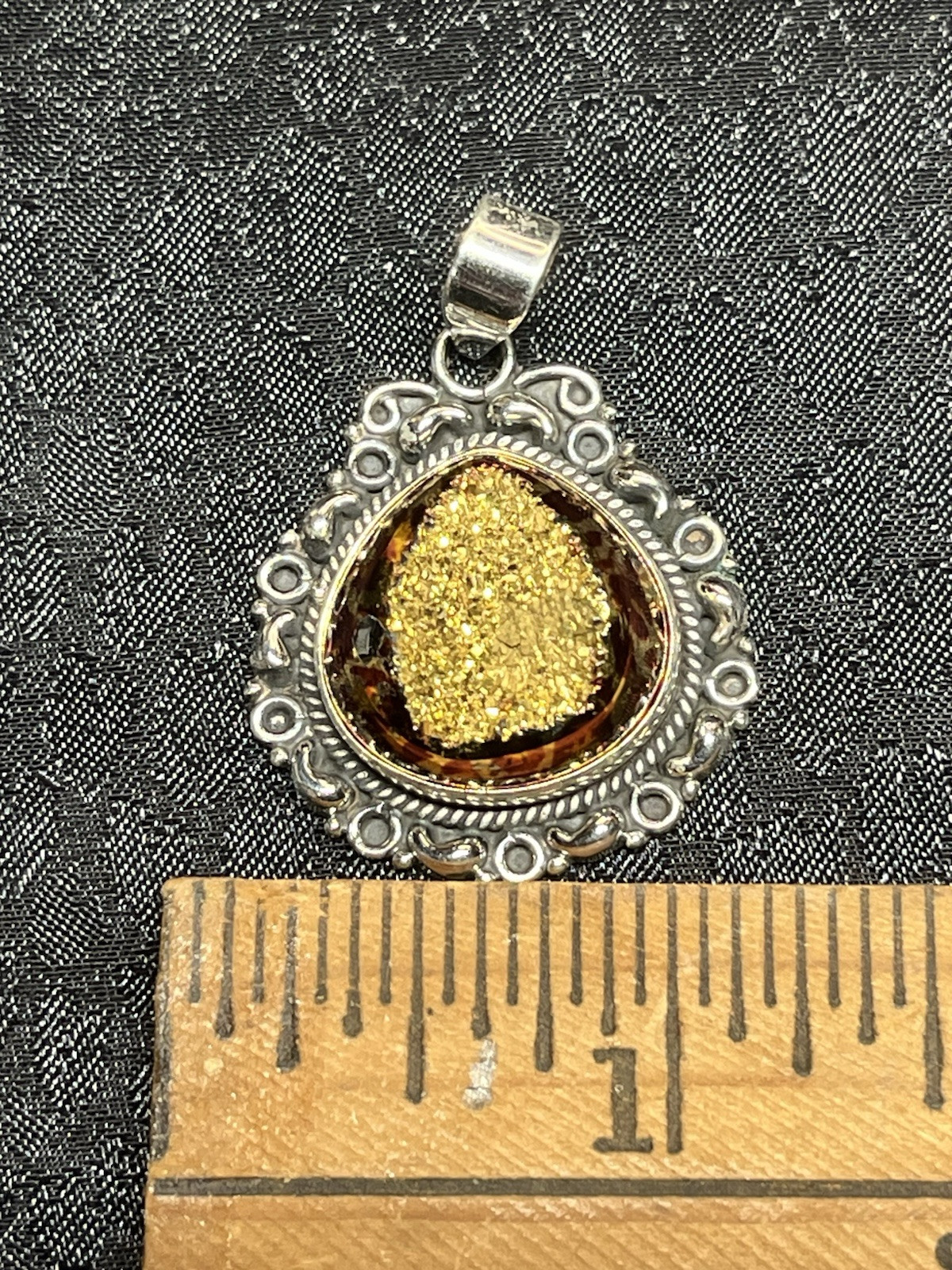 Vintage 925 Sterling Silver MCM Pendant With A Gold & Red Drusy Stone 7.3g