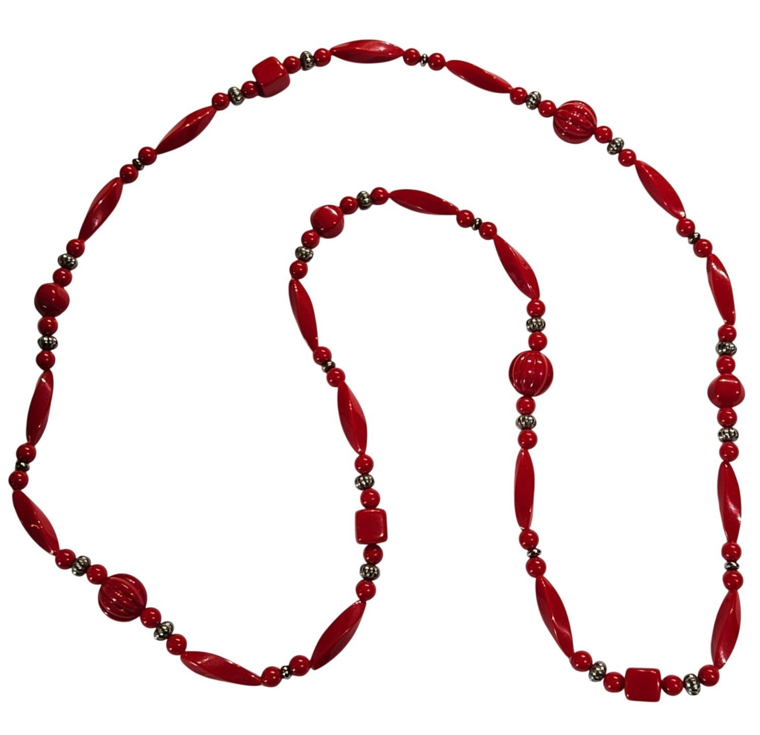 Vintage Red Plastic Silvertone Beaded Necklace No Clasp 46 inches