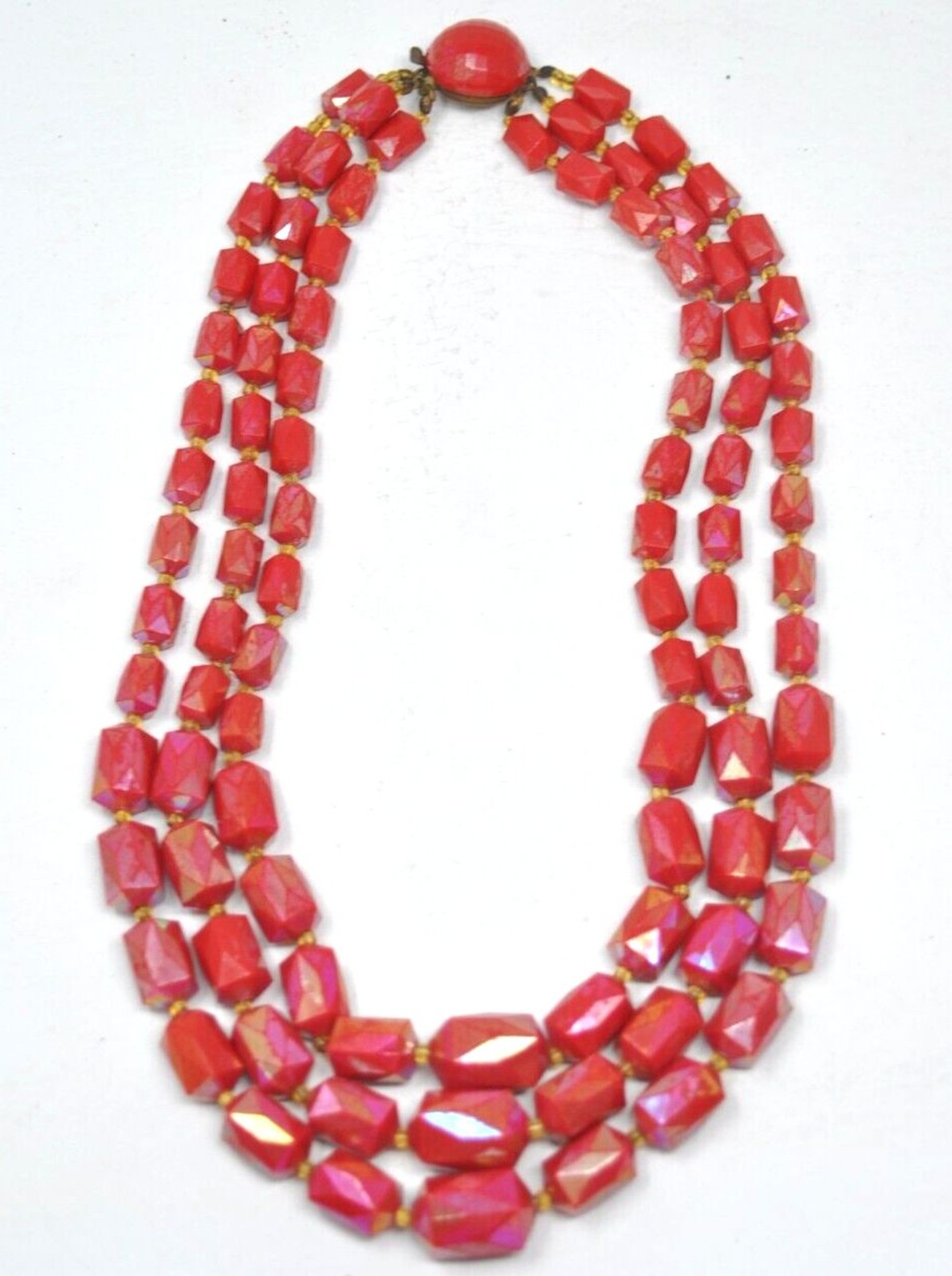 Vintage Austria Red Iridescent Triple 3 Strand Faceted Beaded Necklace