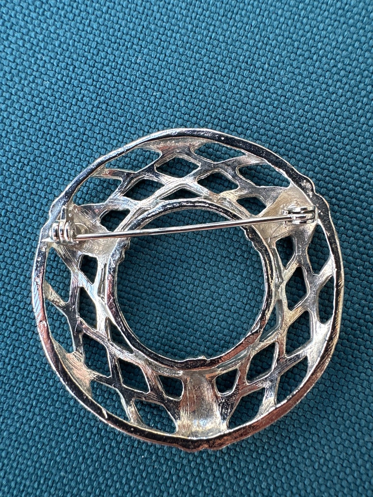 Vintage Silver Tone Openwork Circle Brooch, Geometric Lattice Pin, Classic Round