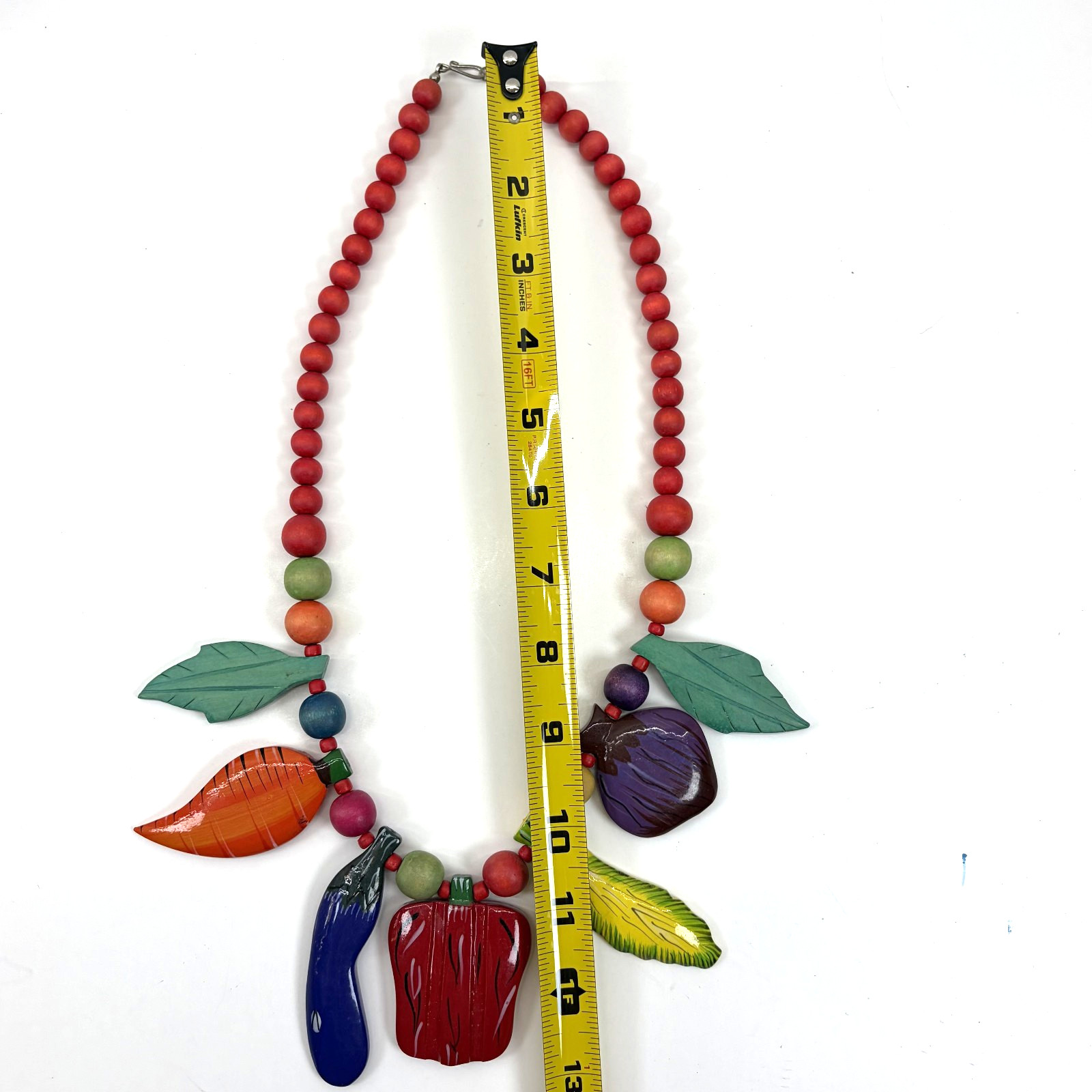 VTG 1980s Wood Vegetable Necklace Garden Farm Boho Folk Art Whimsy Cottagecore