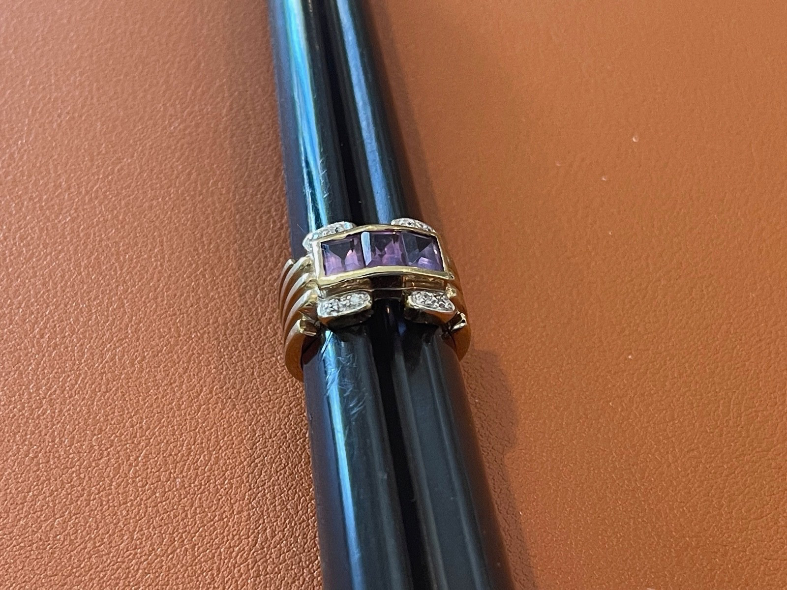RF Sterling SIlver Ring w/ Gold Wash Purple & Clear Stones Size 6.5