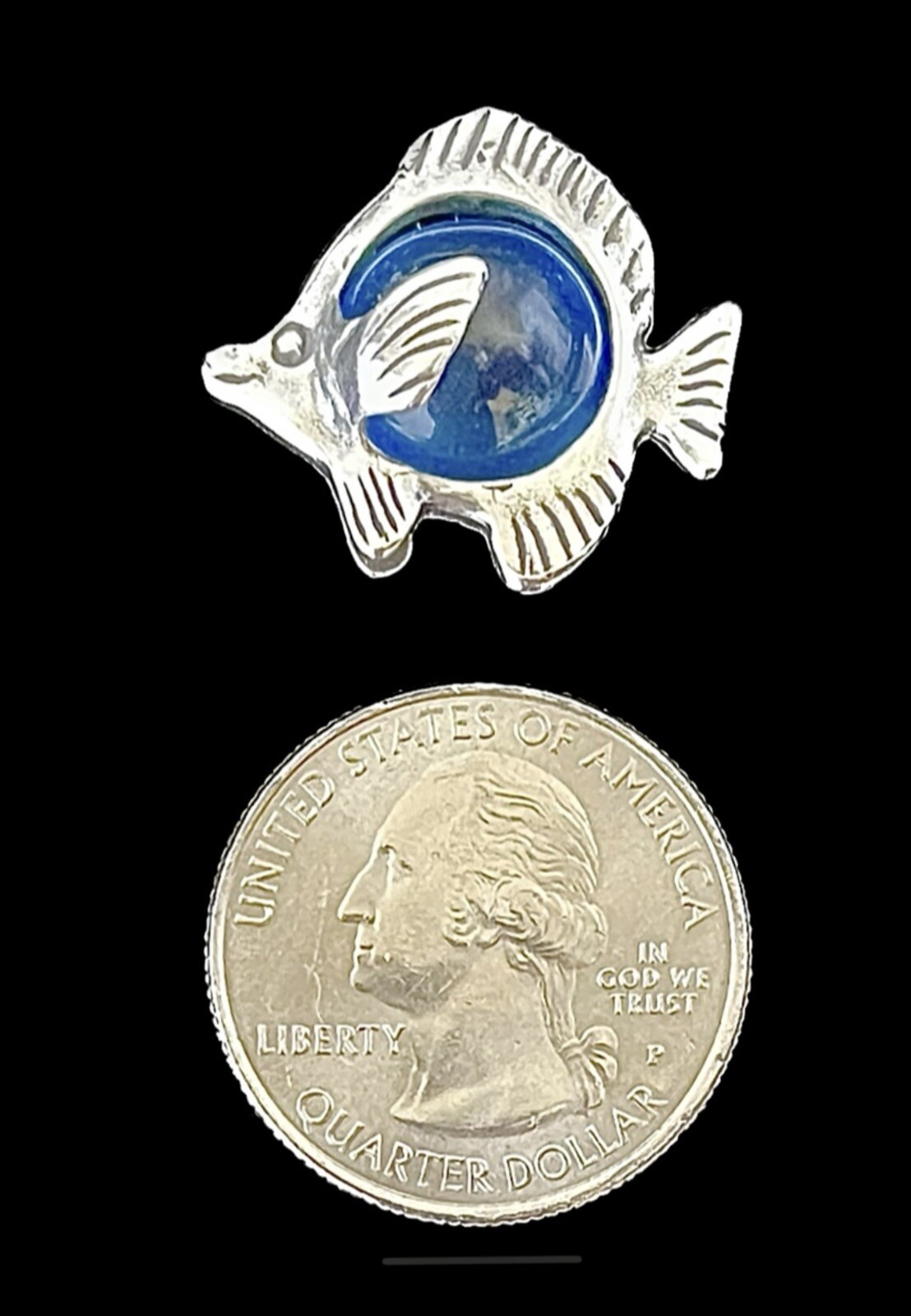 🐠BLUE Glass Jelly Belly Angelfish Slide Pendant 925 Sterling Silver MEXICO Vtg.
