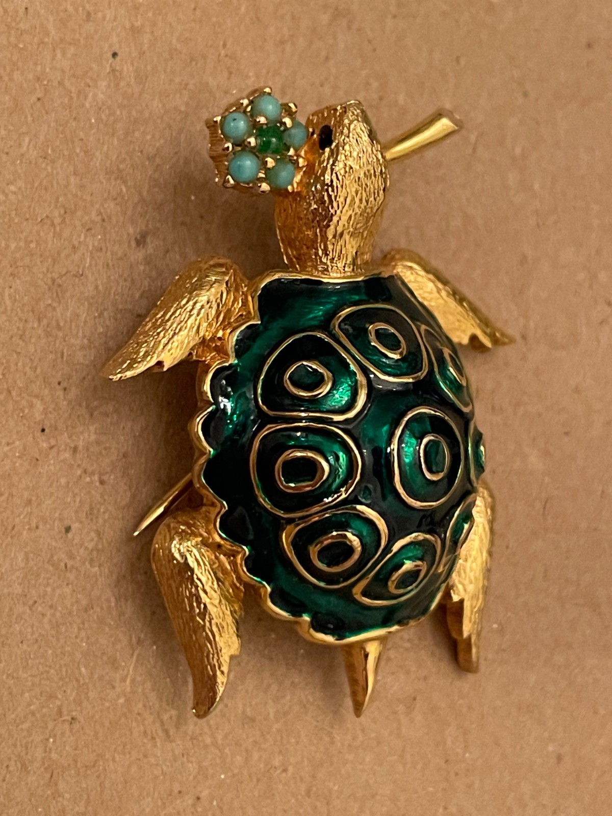 Vintage Jomaz Green Enamel Figural Turtle Brooch, Excellent Condition, signed