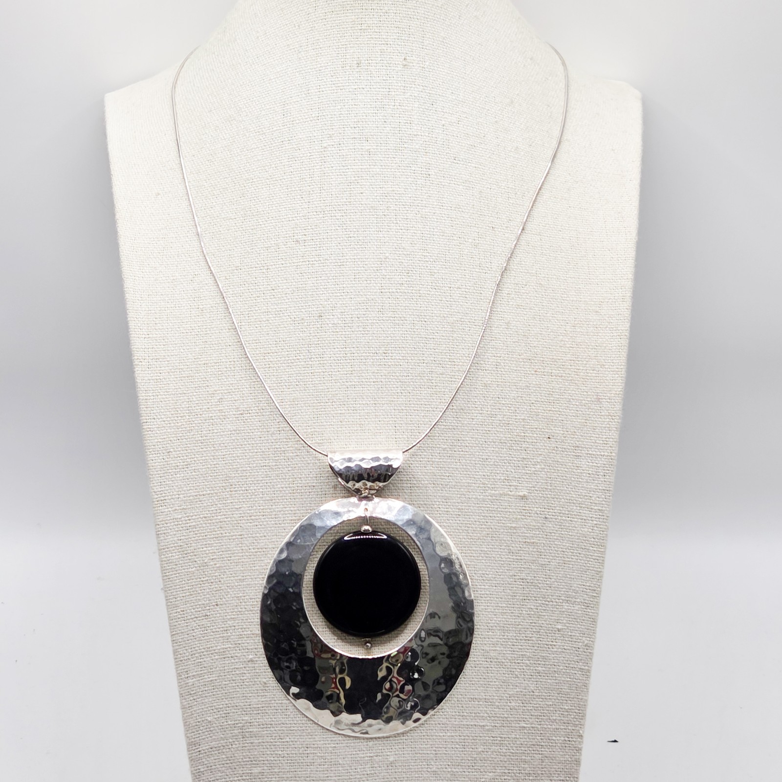 Large Dominique Dinouart 925 Silver Pendant Hammered Onyx Dangle Accent Vintage
