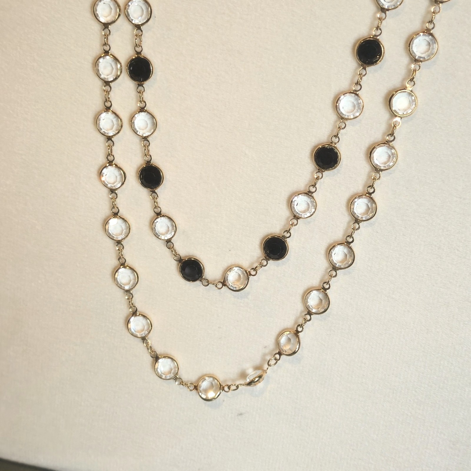 Vintage Swarovski Crystal Necklace Black & Clear Signed Gold Tone double strand