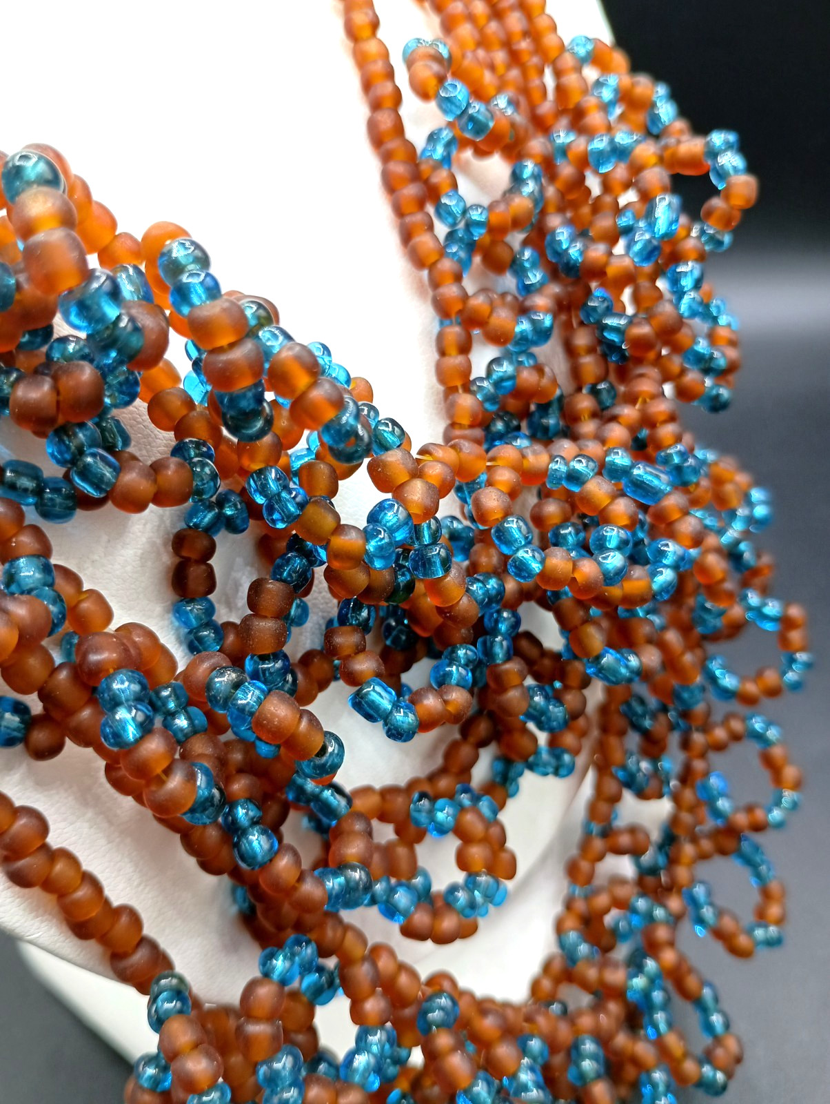 Vintage Seed Bead Necklace Glass Amber Turquoise Color Multi-Strand Artisan 25″