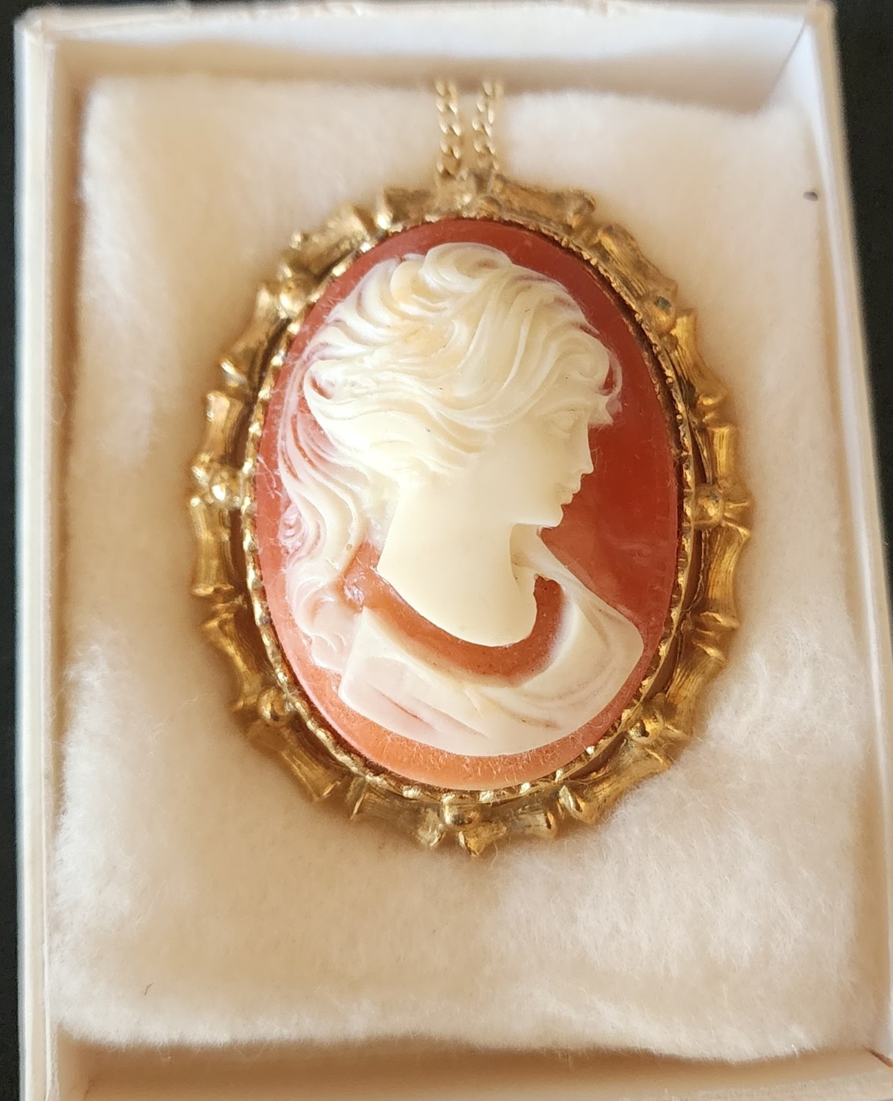 Vintage Salmon Color Lady Head Cameo Necklace Pendant Brooch Pin Beautiful NOS