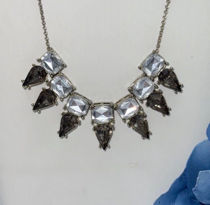 Gothic VINTAGE SILVER BIB STYLE NECKLACE WITH SMOKY TOPAZ AND CLEAR STONES